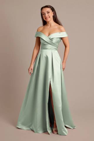 View Celebrate DB Studio Satin Off-the-Shoulder Ball Gown Dress in all available color and sizes Picture of Satin Off-the-Shoulder Ball Gown Dress