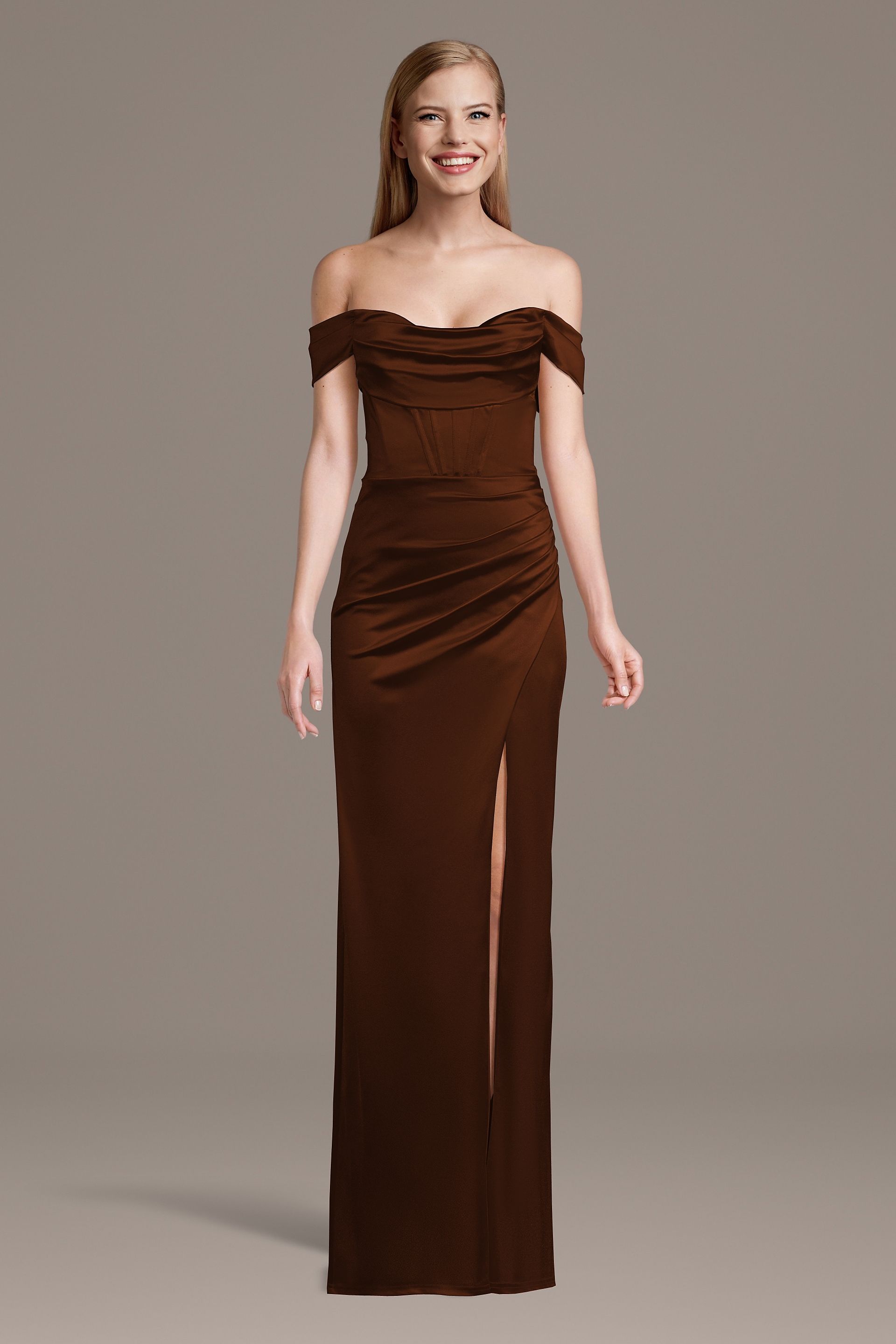 Sculpting Satin Off-the-Shoulder Corset Dress