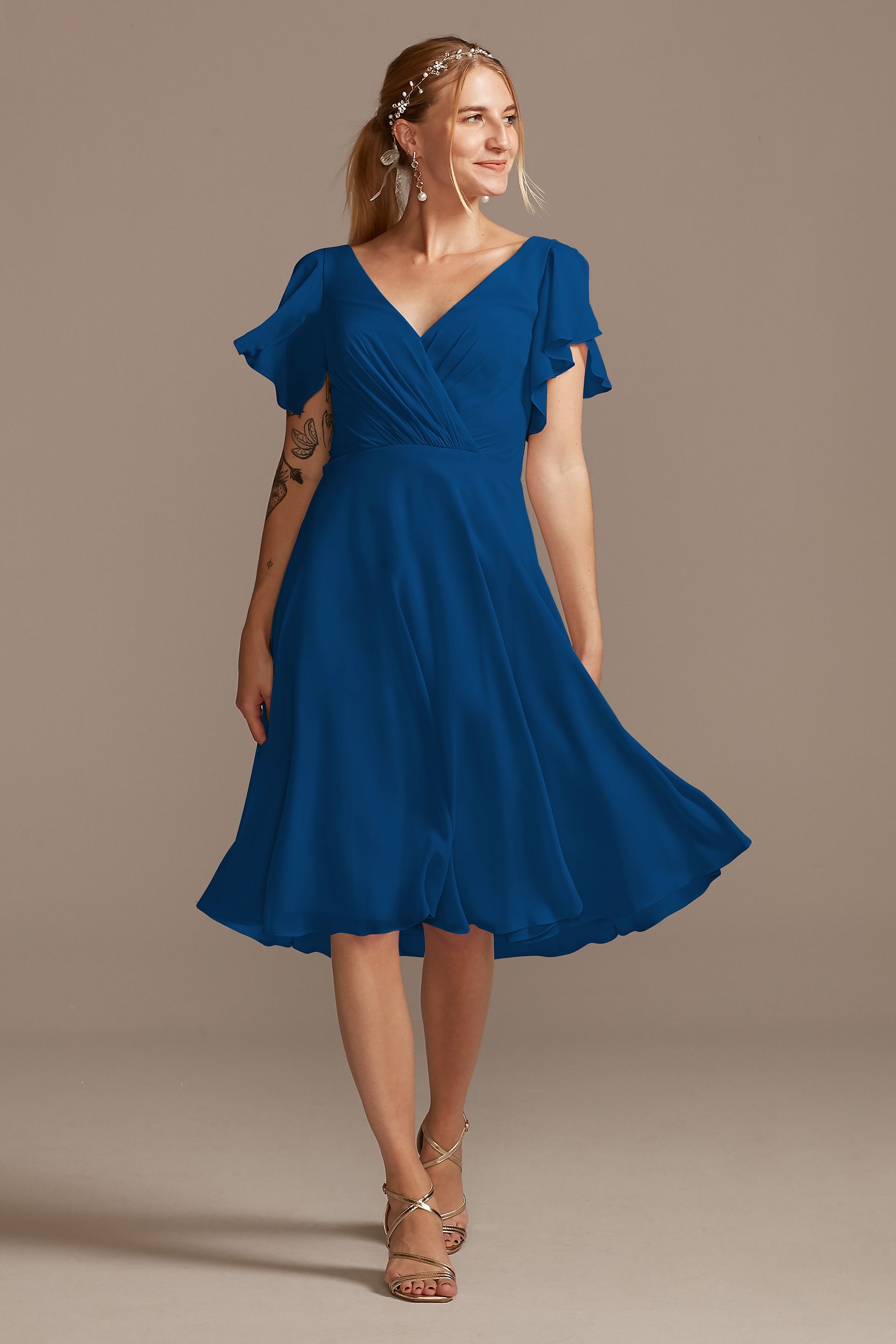 flutter sleeve chiffon short bridesmaid dress Ever-Pretty Flutter Sleeve Ruched Waist High-Low Chiffon With Sleev