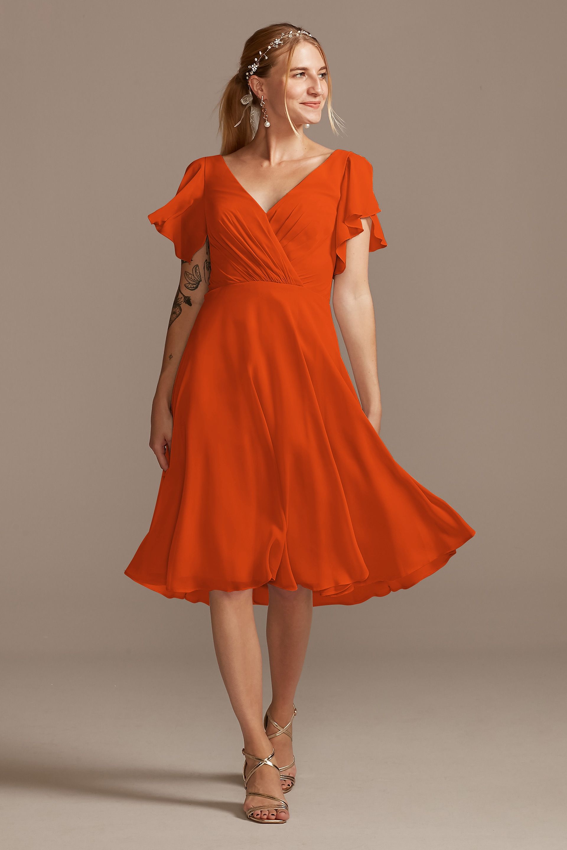 flutter sleeve chiffon short bridesmaid dress Flutter Sleeve Chiffon V-Neck Bridesmaid Dress