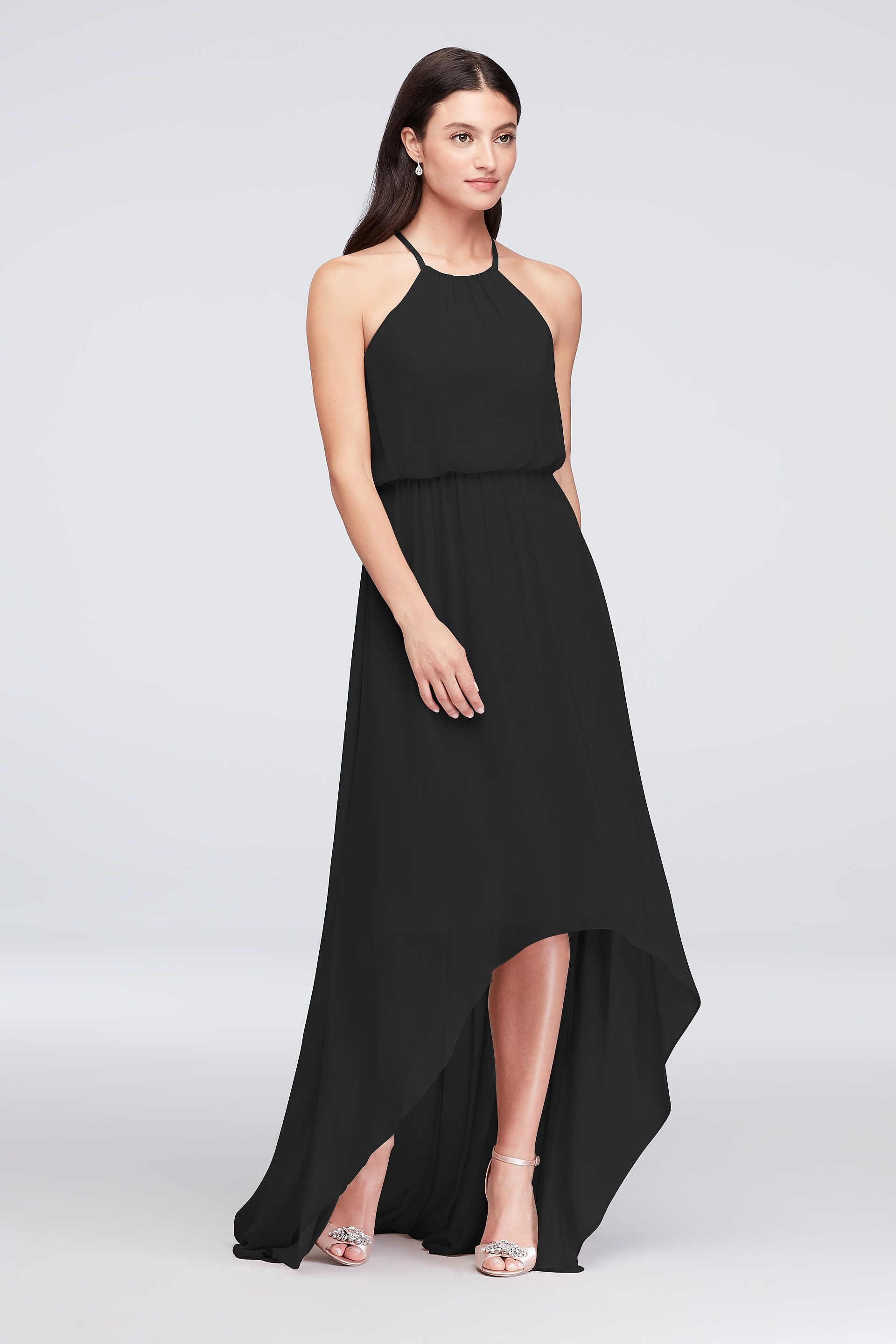 View David's Bridal High-Low Chiffon Halter Bridesmaid Dress in all available color and sizes Picture of High-Low Chiffon Halter Bridesmaid Dress