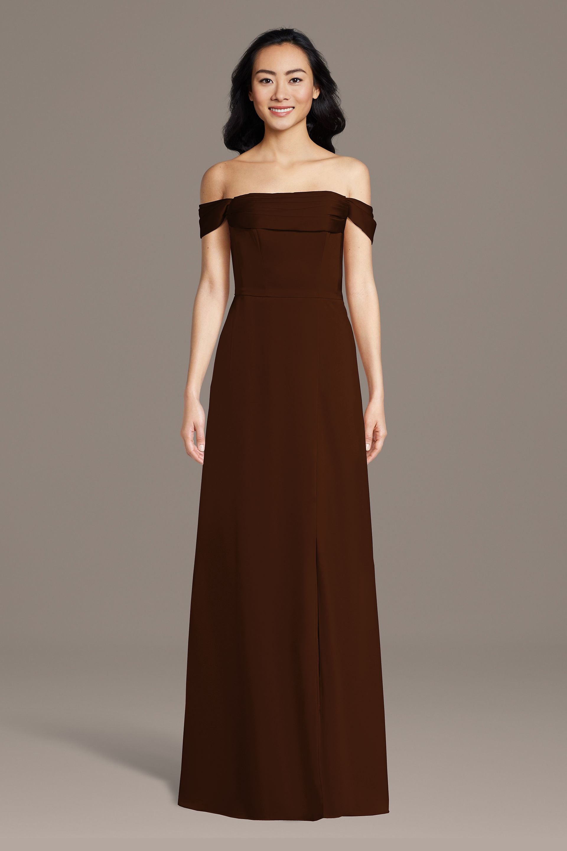 Celebrate DB Studio Matte Satin Off-The-Shoulder Cowl Neck Sheath Dress in Chocolate Size: 4X David's Bridal