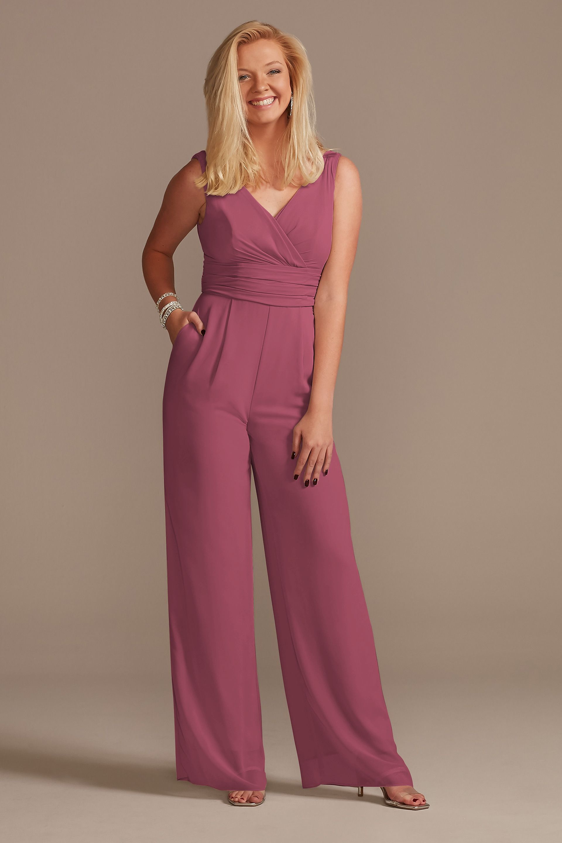 Picture of V-Neck Tie Waist Chiffon Bridesmaid Jumpsuit