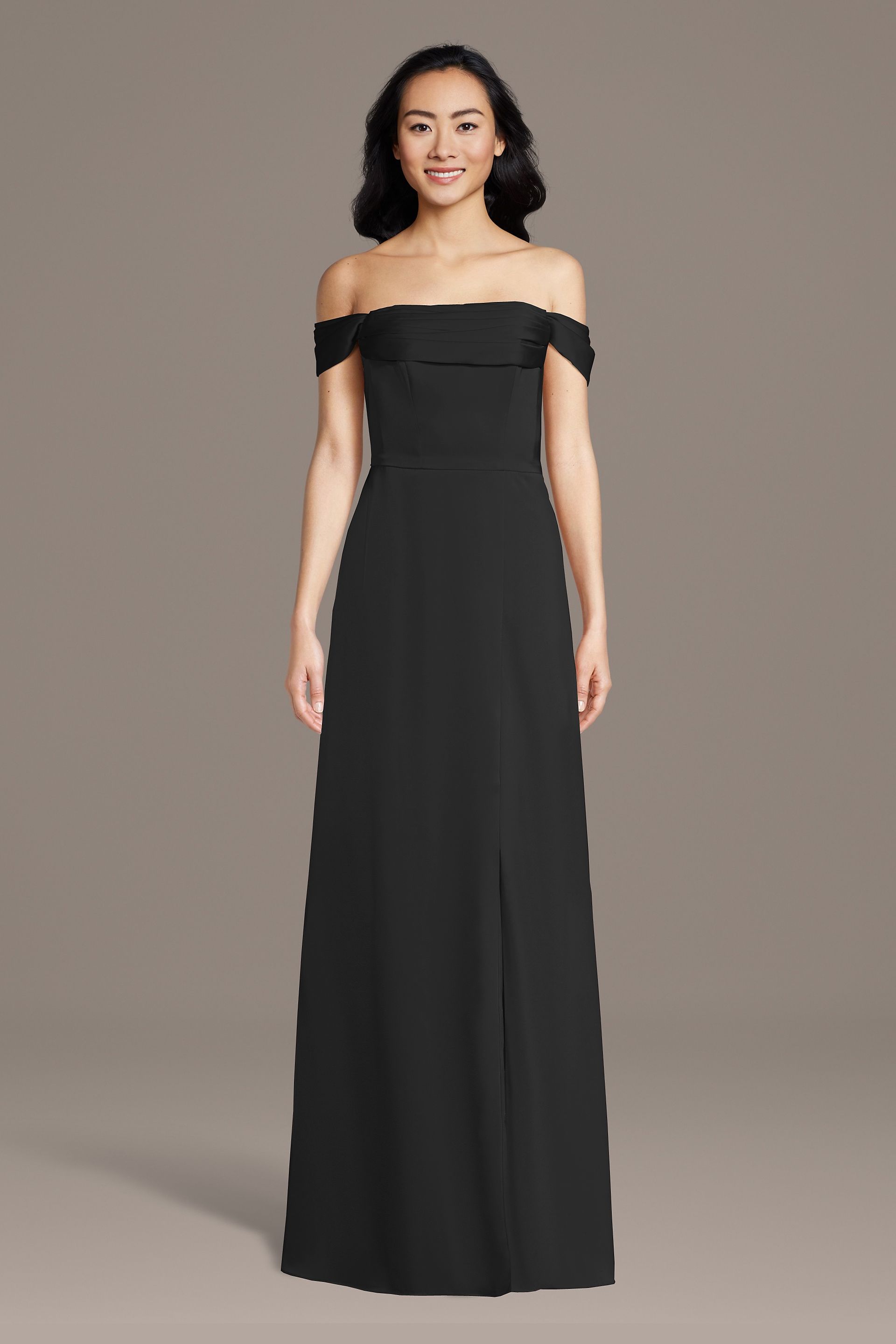 Celebrate DB Studio Matte Satin Off-The-Shoulder Cowl Neck Sheath Dress in Black Size: Small David's Bridal