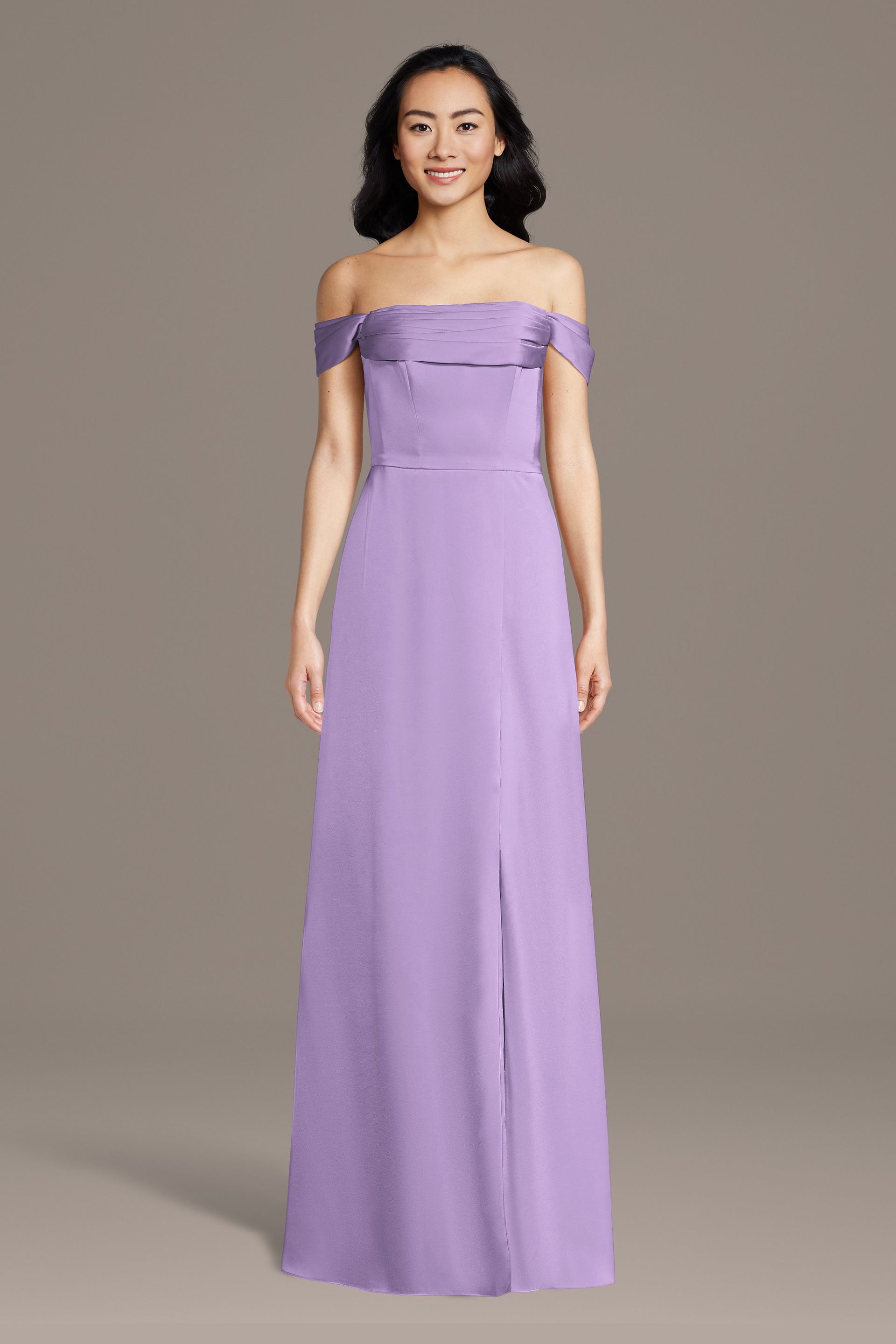 Celebrate DB Studio Matte Satin Off-The-Shoulder Cowl Neck Sheath Dress in Lavender Size: Medium David's Bridal