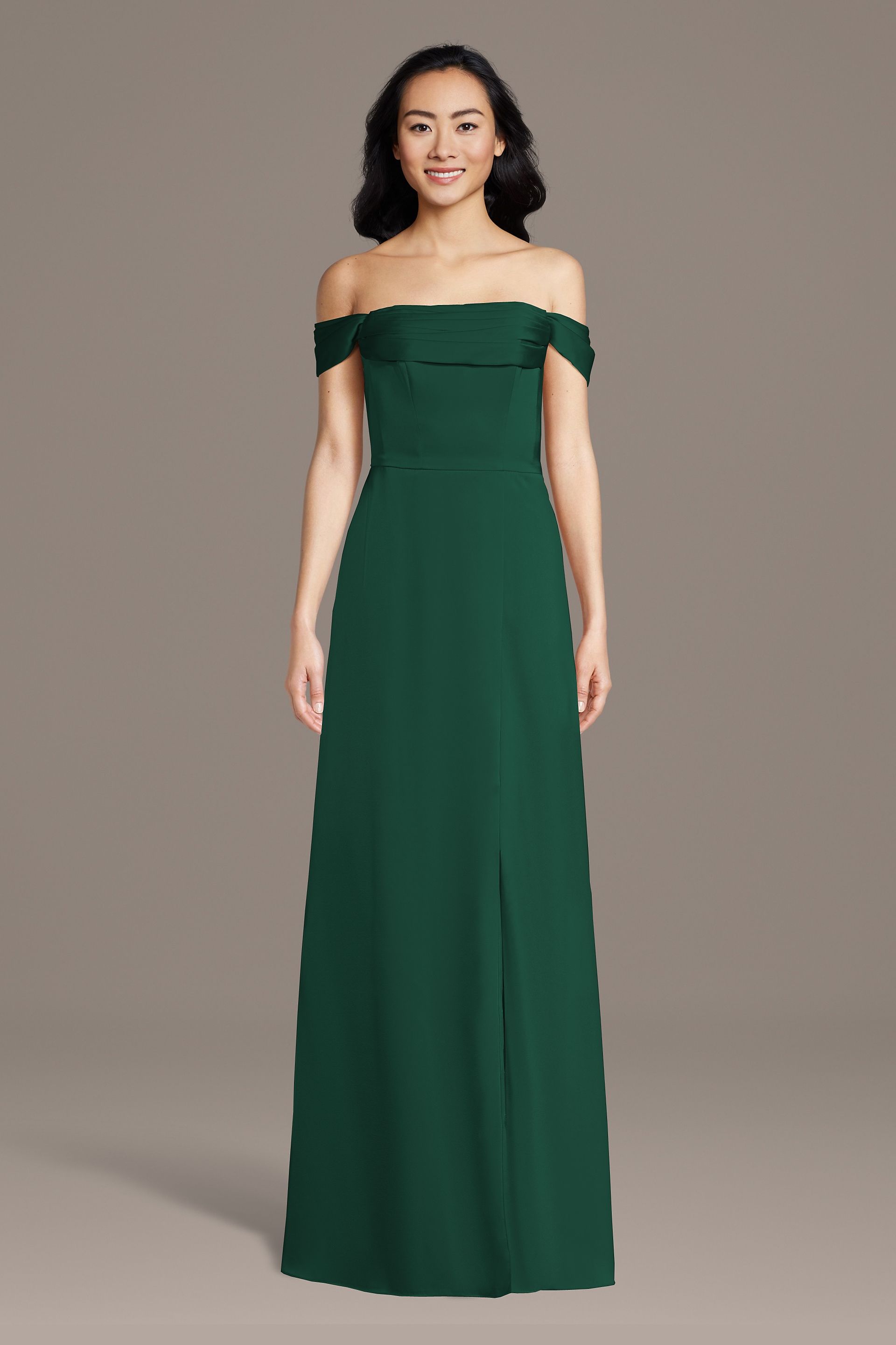 Celebrate DB Studio Matte Satin Off-The-Shoulder Cowl Neck Sheath Dress in Juniper Size: 3X David's Bridal