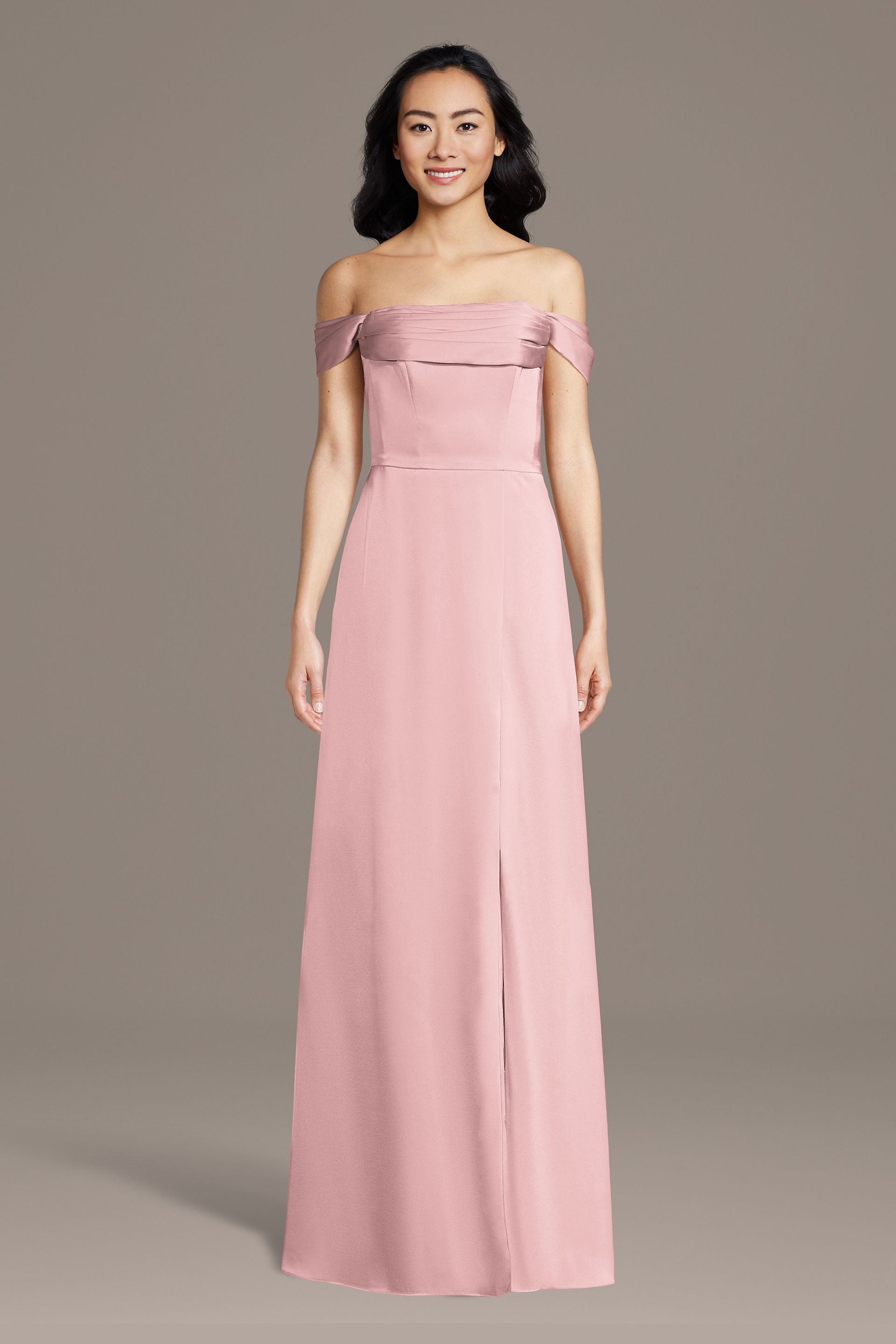 Celebrate DB Studio Matte Satin Off-The-Shoulder Cowl Neck Sheath Dress in Pastel Pink Size: 2X David's Bridal