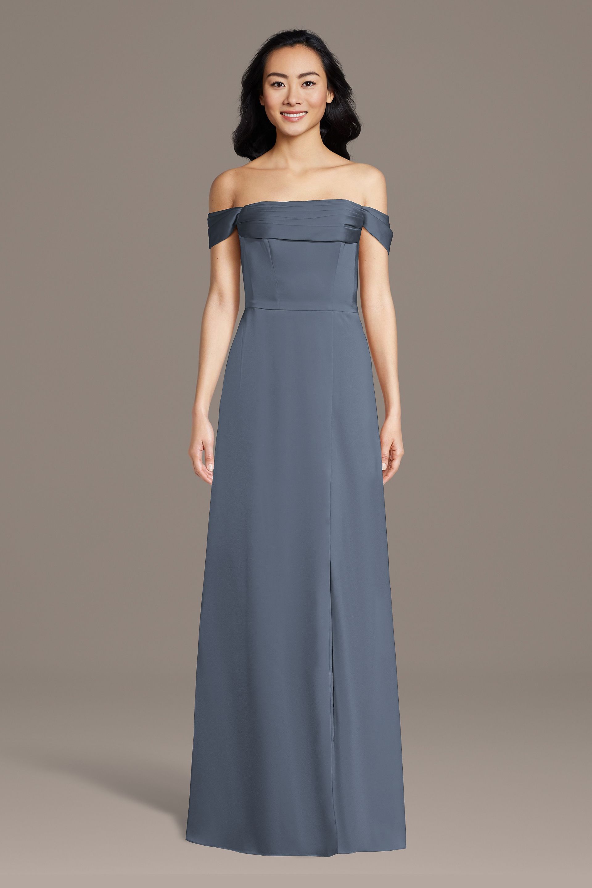 Celebrate DB Studio Matte Satin Off-The-Shoulder Cowl Neck Sheath Dress in Steel Blue Size: 4X David's Bridal