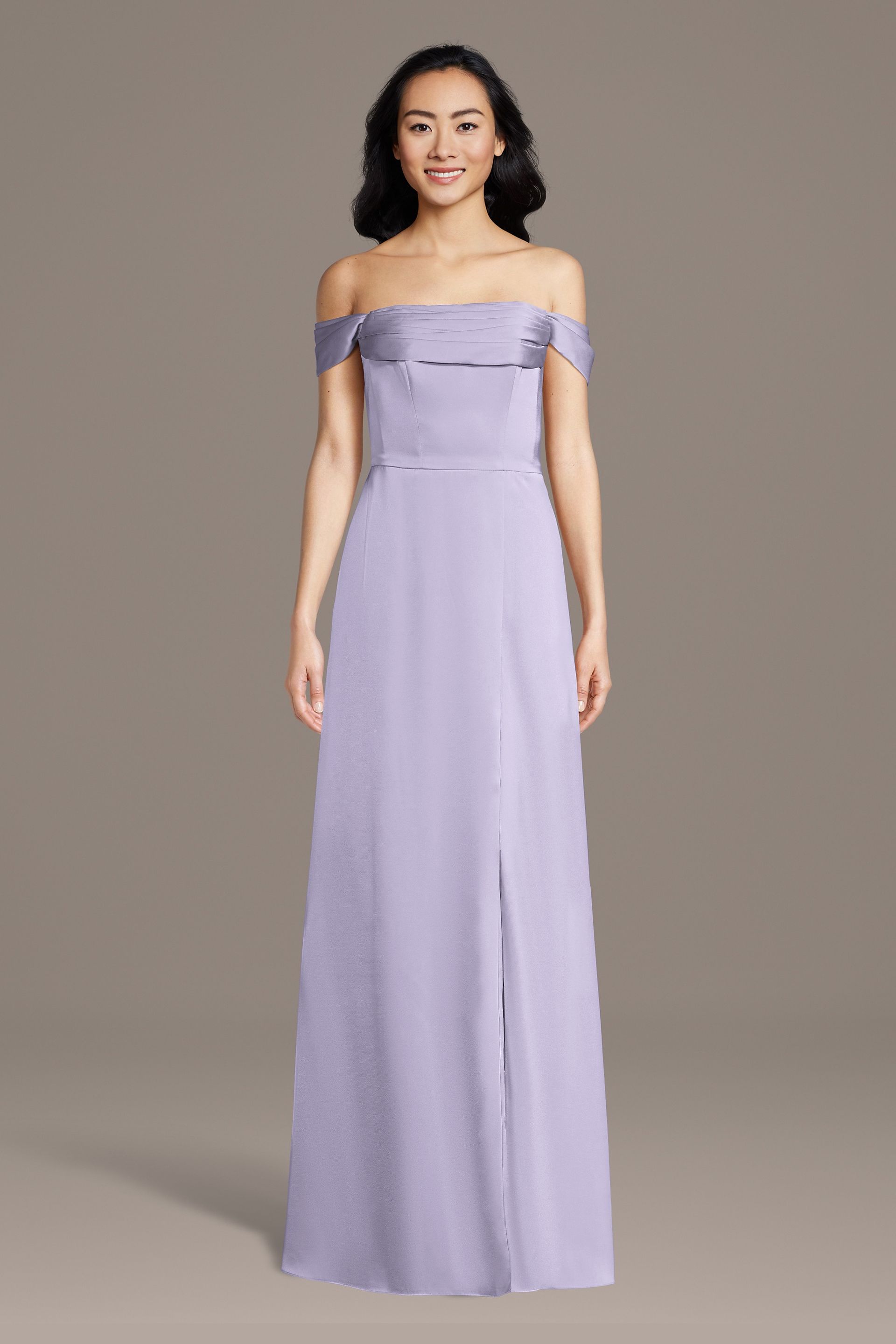 Celebrate DB Studio Matte Satin Off-The-Shoulder Cowl Neck Sheath Dress in Iris Size: 3X David's Bridal