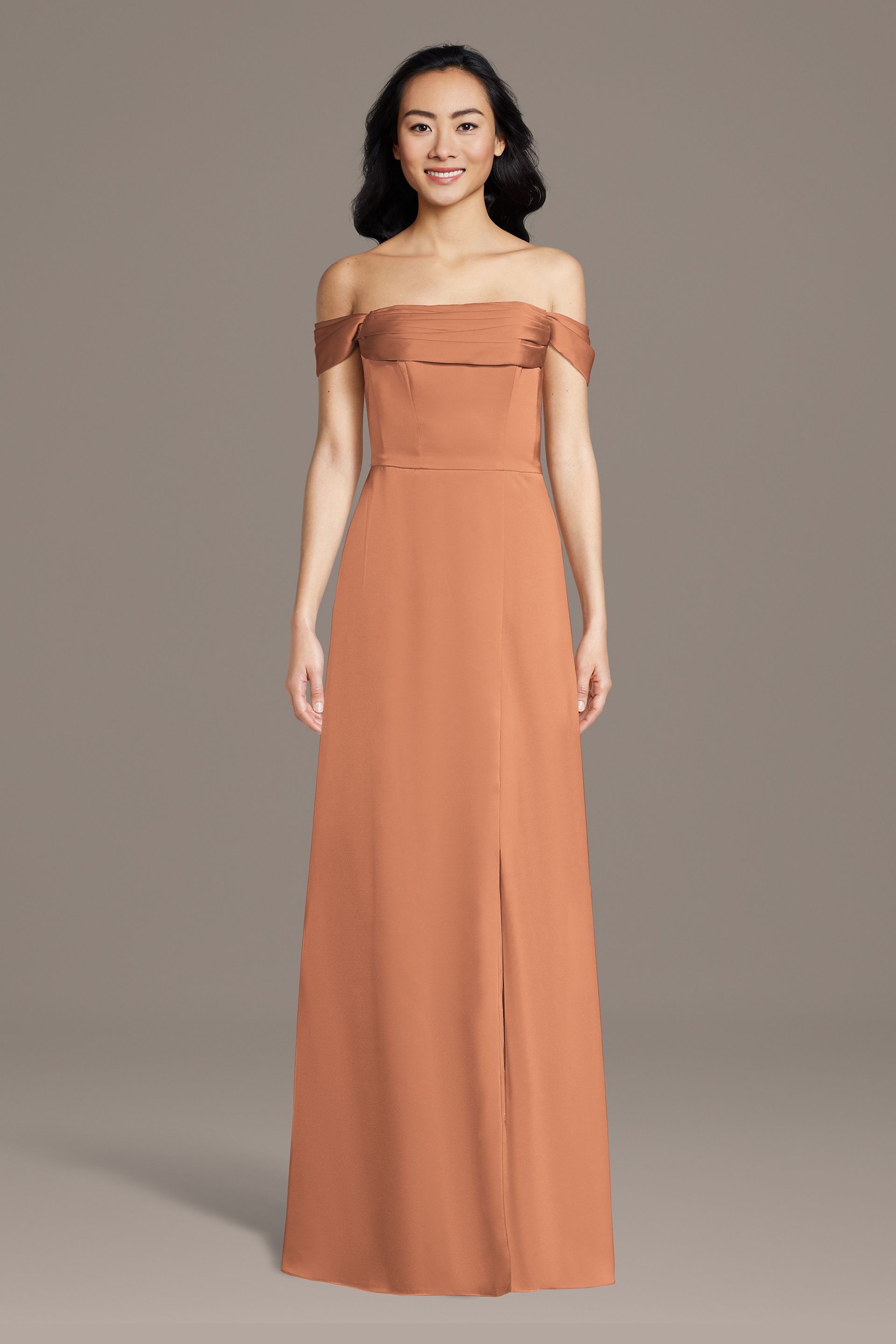 Celebrate DB Studio Matte Satin Off-The-Shoulder Cowl Neck Sheath Dress in Terracotta Size: 2X David's Bridal