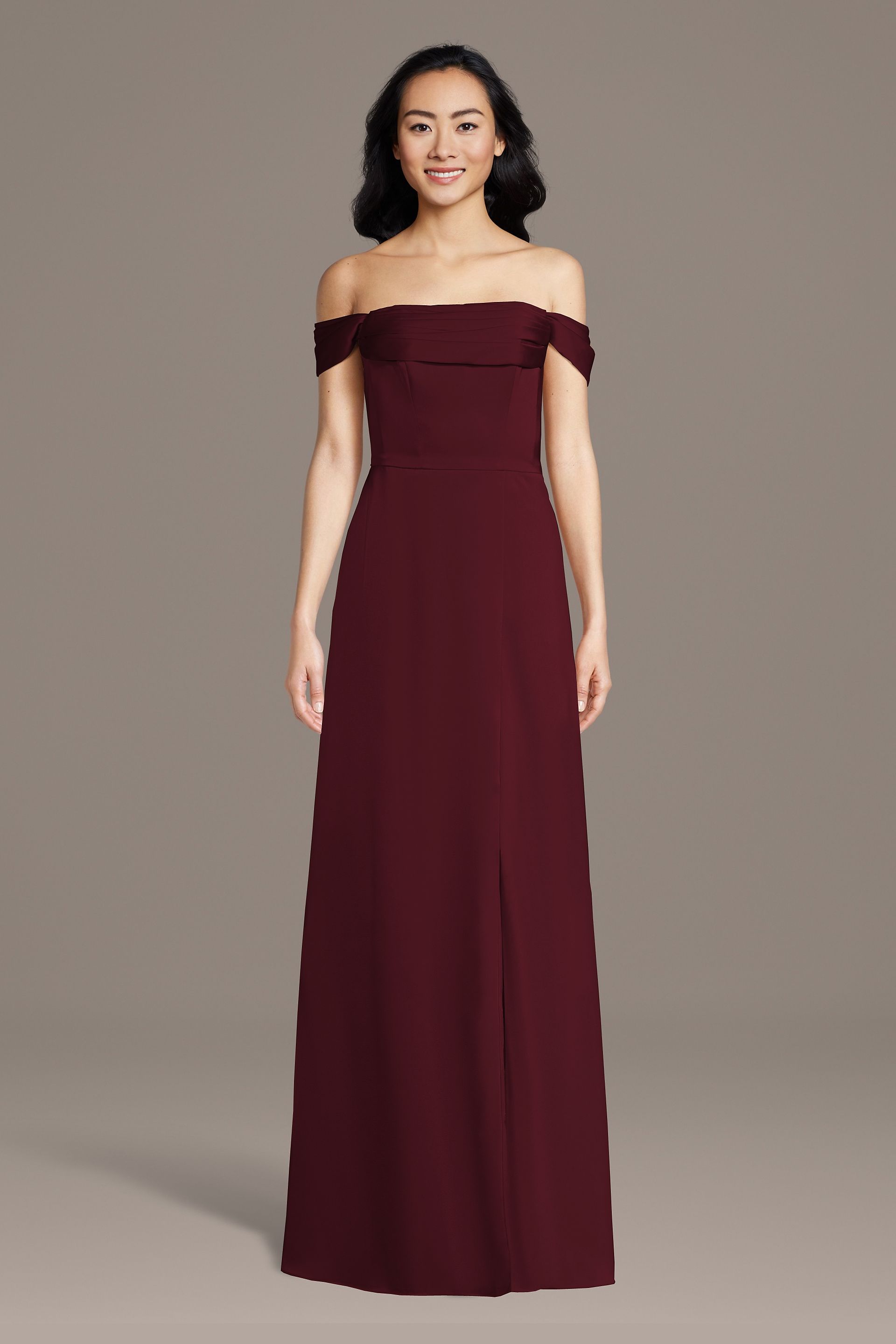 Celebrate DB Studio Matte Satin Off-The-Shoulder Cowl Neck Sheath Dress in Wine Size: 2X David's Bridal