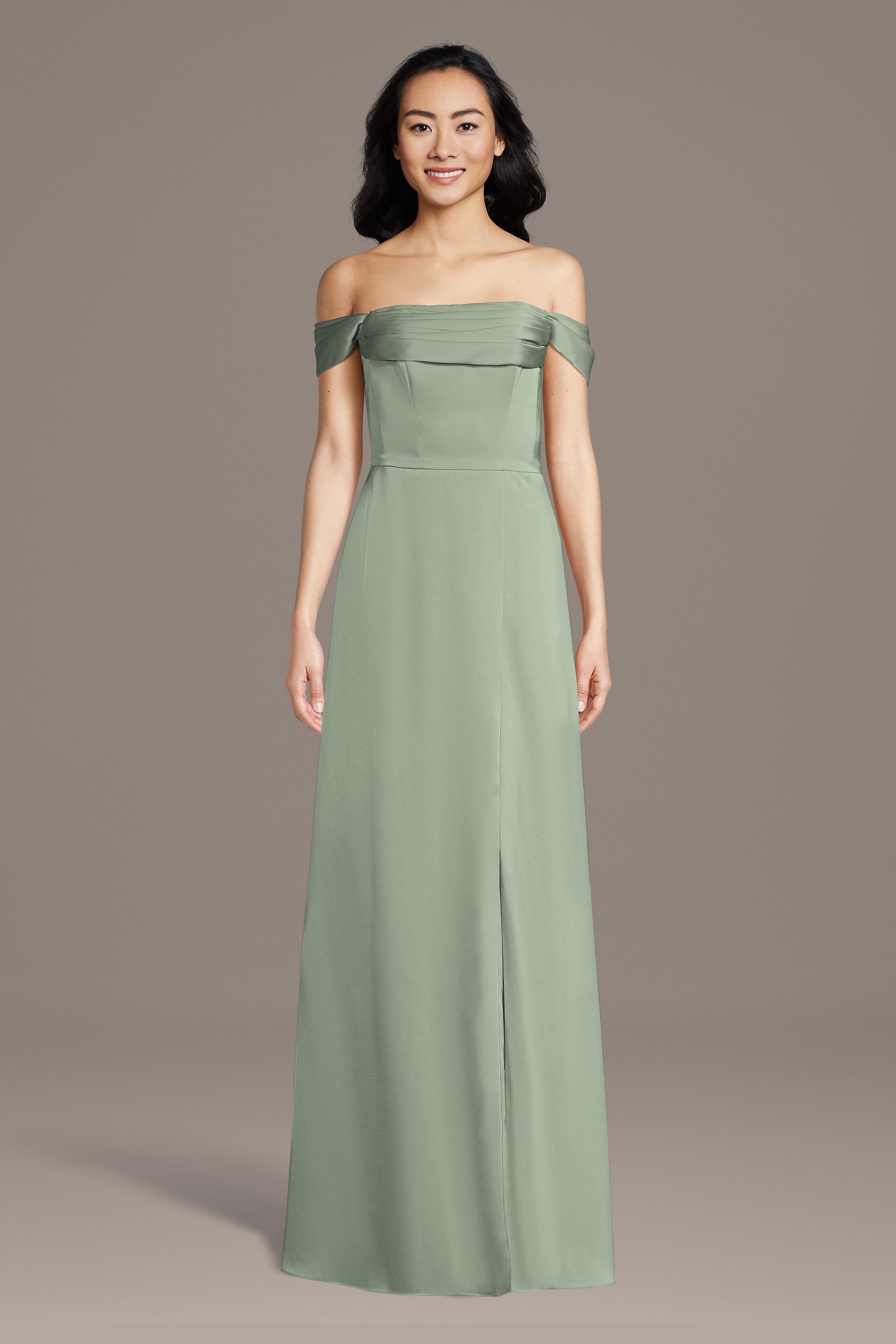 Celebrate DB Studio Matte Satin Off-The-Shoulder Cowl Neck Sheath Dress in Dusty Sage Size: XS David's Bridal