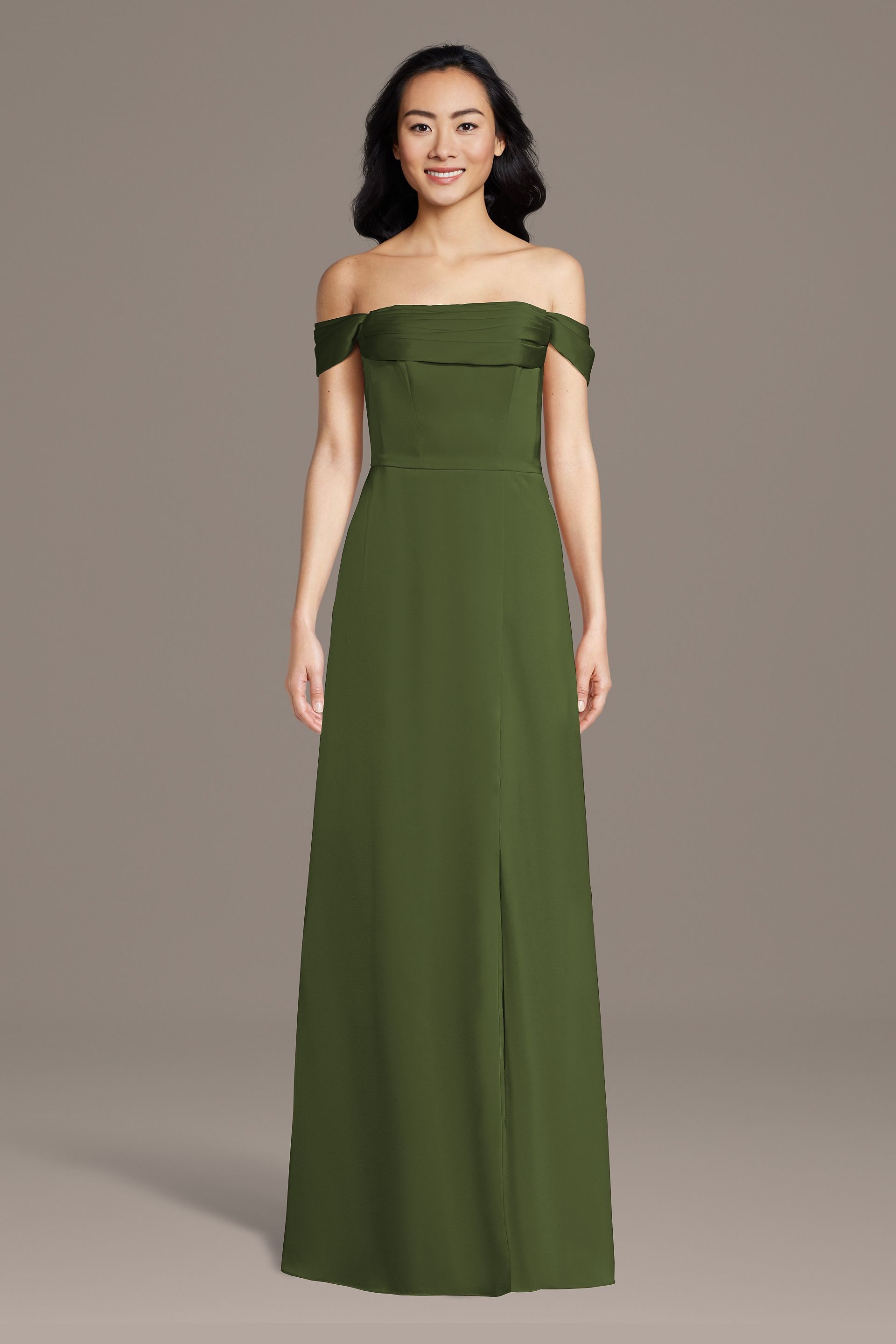 Celebrate DB Studio Matte Satin Off-The-Shoulder Cowl Neck Sheath Dress in Martini Olive Size: XS David's Bridal