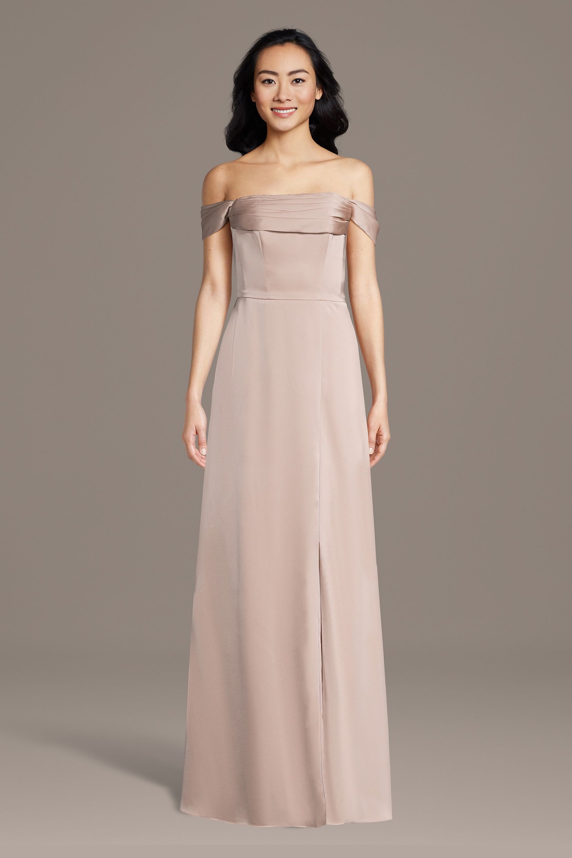 Celebrate DB Studio Matte Satin Off-The-Shoulder Cowl Neck Sheath Dress in Sand Size: 3X David's Bridal