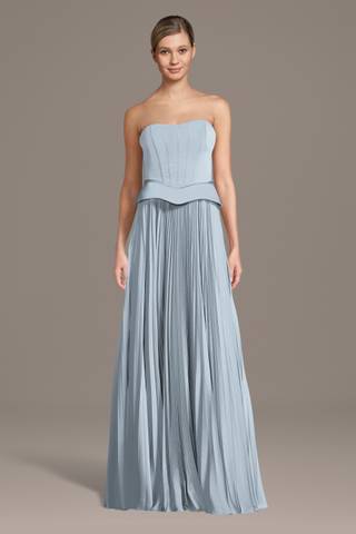 View Galina Signature Matte Satin Pleated A-Line Basque Waist Dress in all available color and sizes Picture of Matte Satin Pleated A-Line Basque Waist Dress