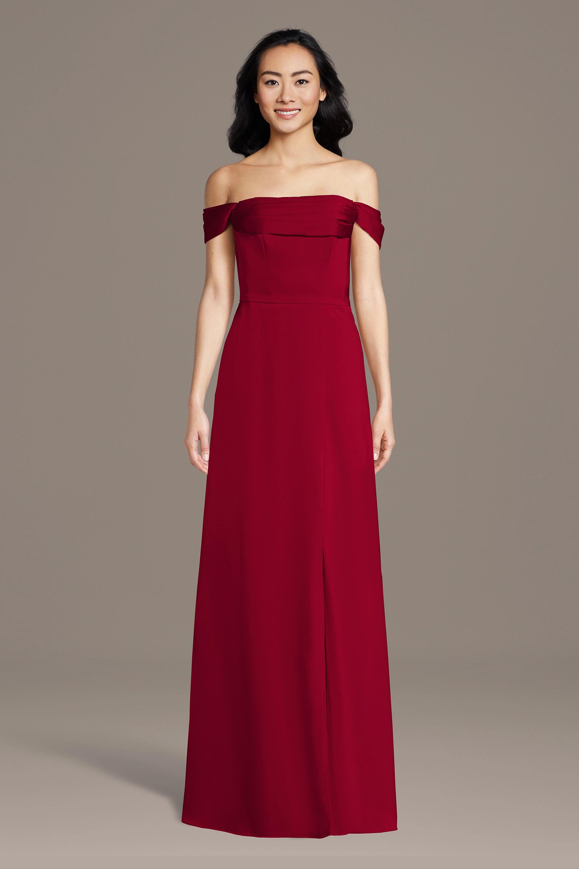 Celebrate DB Studio Matte Satin Off-The-Shoulder Cowl Neck Sheath Dress in Apple Size: Medium David's Bridal