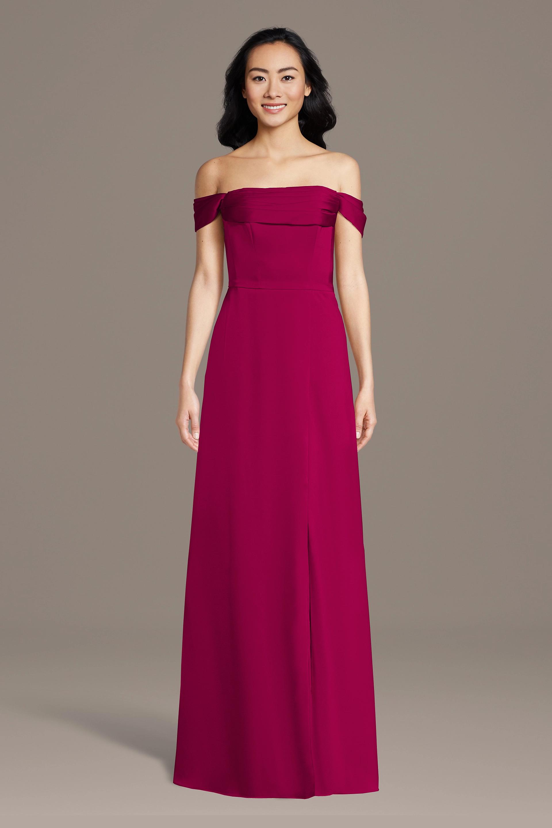 Celebrate DB Studio Matte Satin Off-The-Shoulder Cowl Neck Sheath Dress in Berry Size: Small David's Bridal