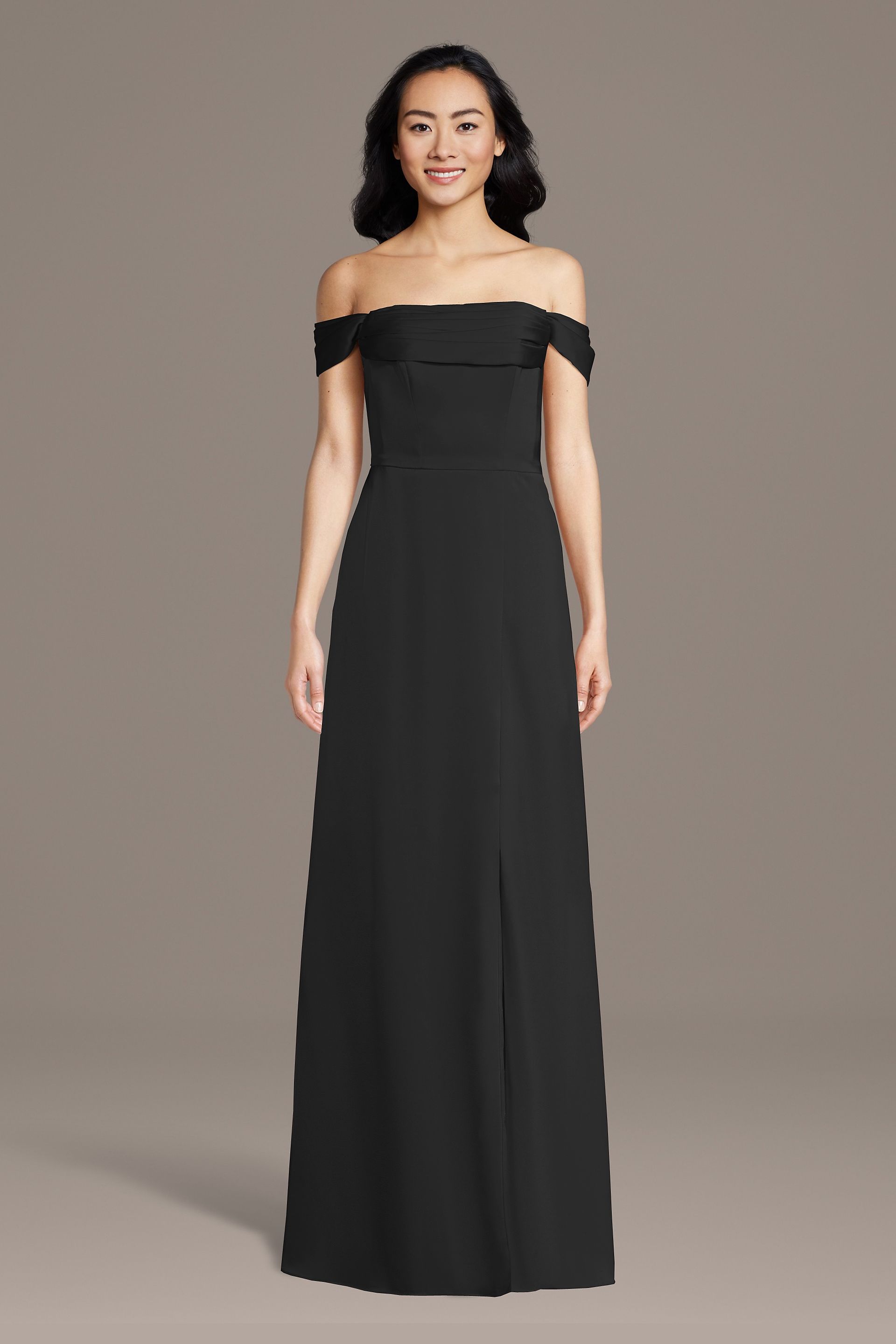 Celebrate DB Studio Matte Satin Off-The-Shoulder Cowl Neck Sheath Dress in Black Size: 1X David's Bridal