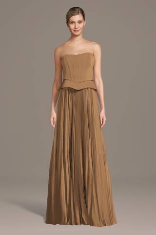 View Galina Signature Matte Satin Pleated A-Line Basque Waist Dress in all available color and sizes Picture of Matte Satin Pleated A-Line Basque Waist Dress