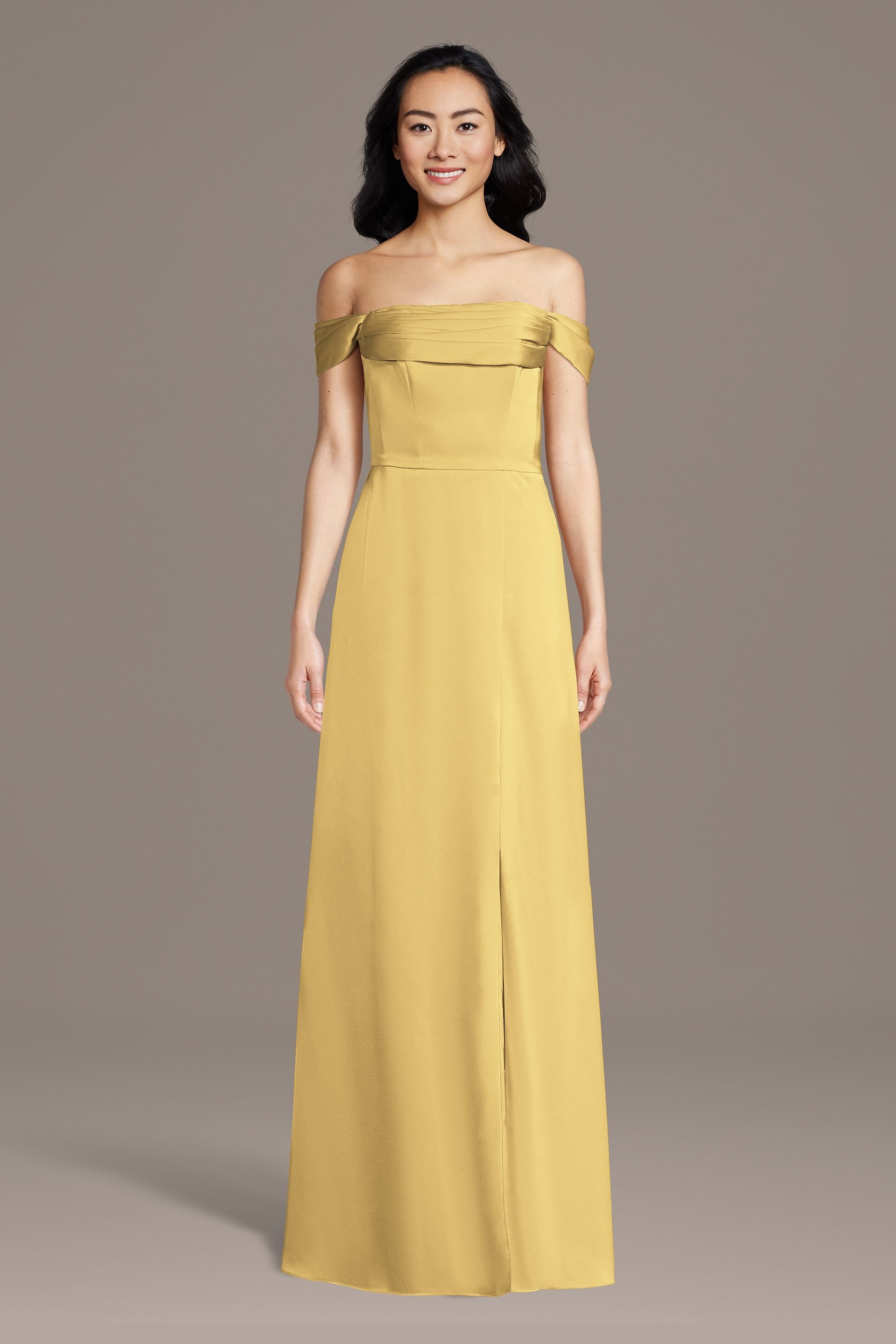 Celebrate DB Studio Matte Satin Off-The-Shoulder Cowl Neck Sheath Dress in Pale Yellow Size: Small David's Bridal