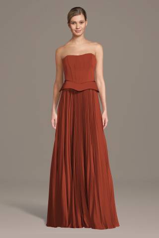 View Galina Signature Matte Satin Pleated A-Line Basque Waist Dress in all available color and sizes Picture of Matte Satin Pleated A-Line Basque Waist Dress