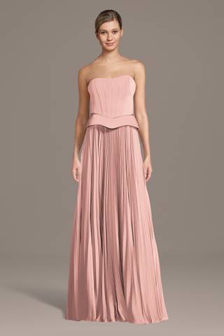 View Galina Signature Matte Satin Pleated A-Line Basque Waist Dress in all available color and sizes Picture of Matte Satin Pleated A-Line Basque Waist Dress