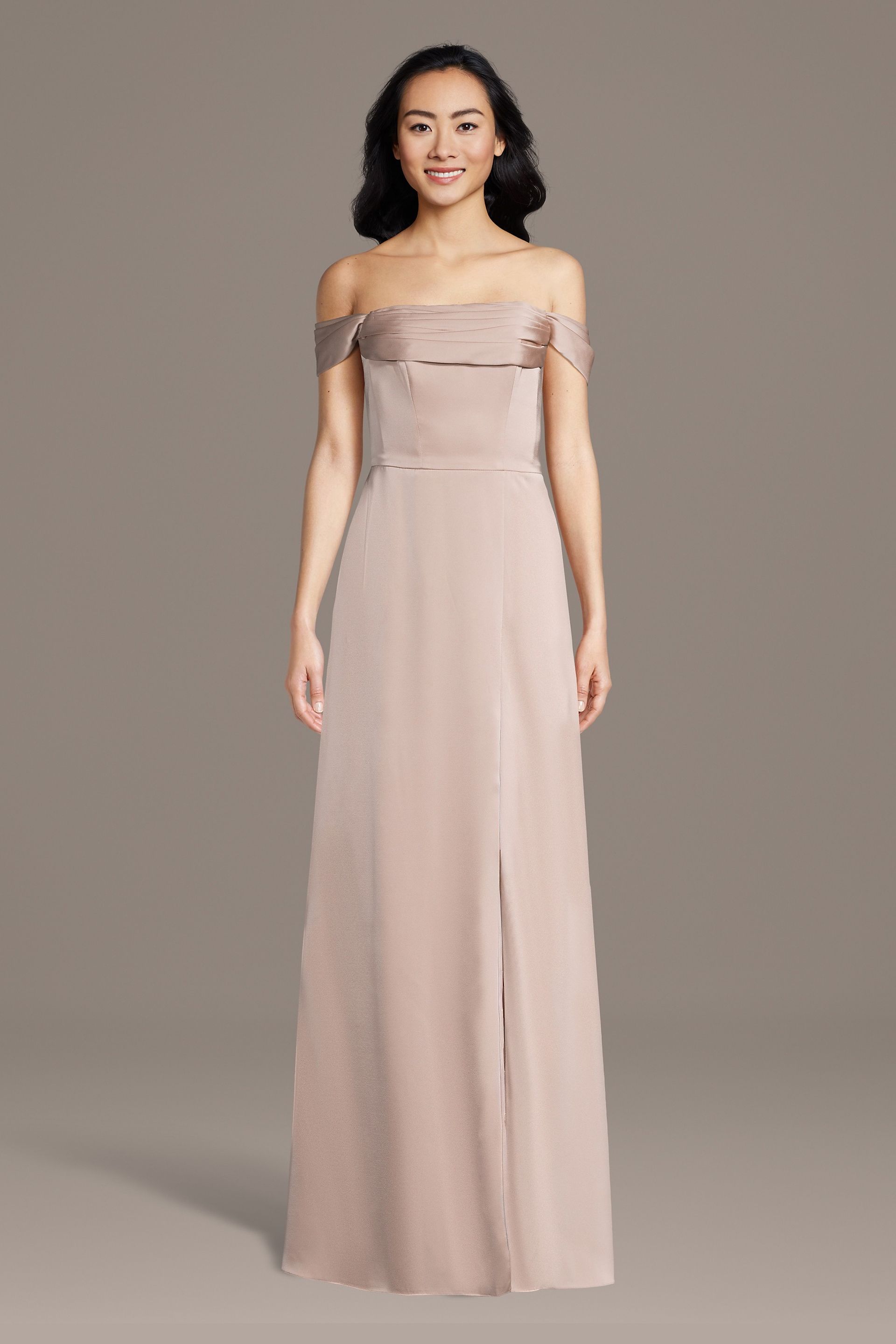 Celebrate DB Studio Matte Satin Off-The-Shoulder Cowl Neck Sheath Dress in Sand Size: 4X David's Bridal