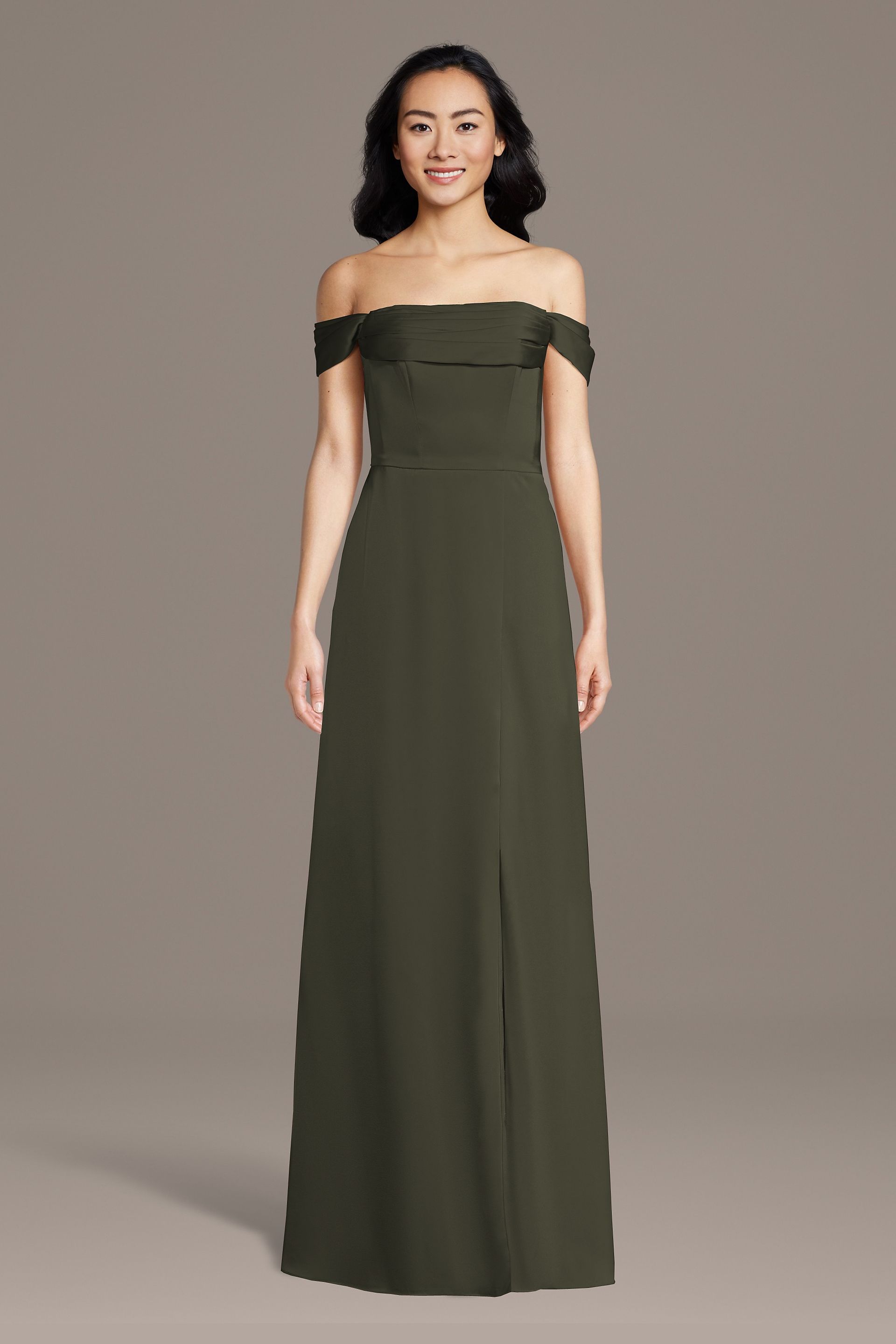 Celebrate DB Studio Matte Satin Off-The-Shoulder Cowl Neck Sheath Dress in Evergreen Size: 3X David's Bridal