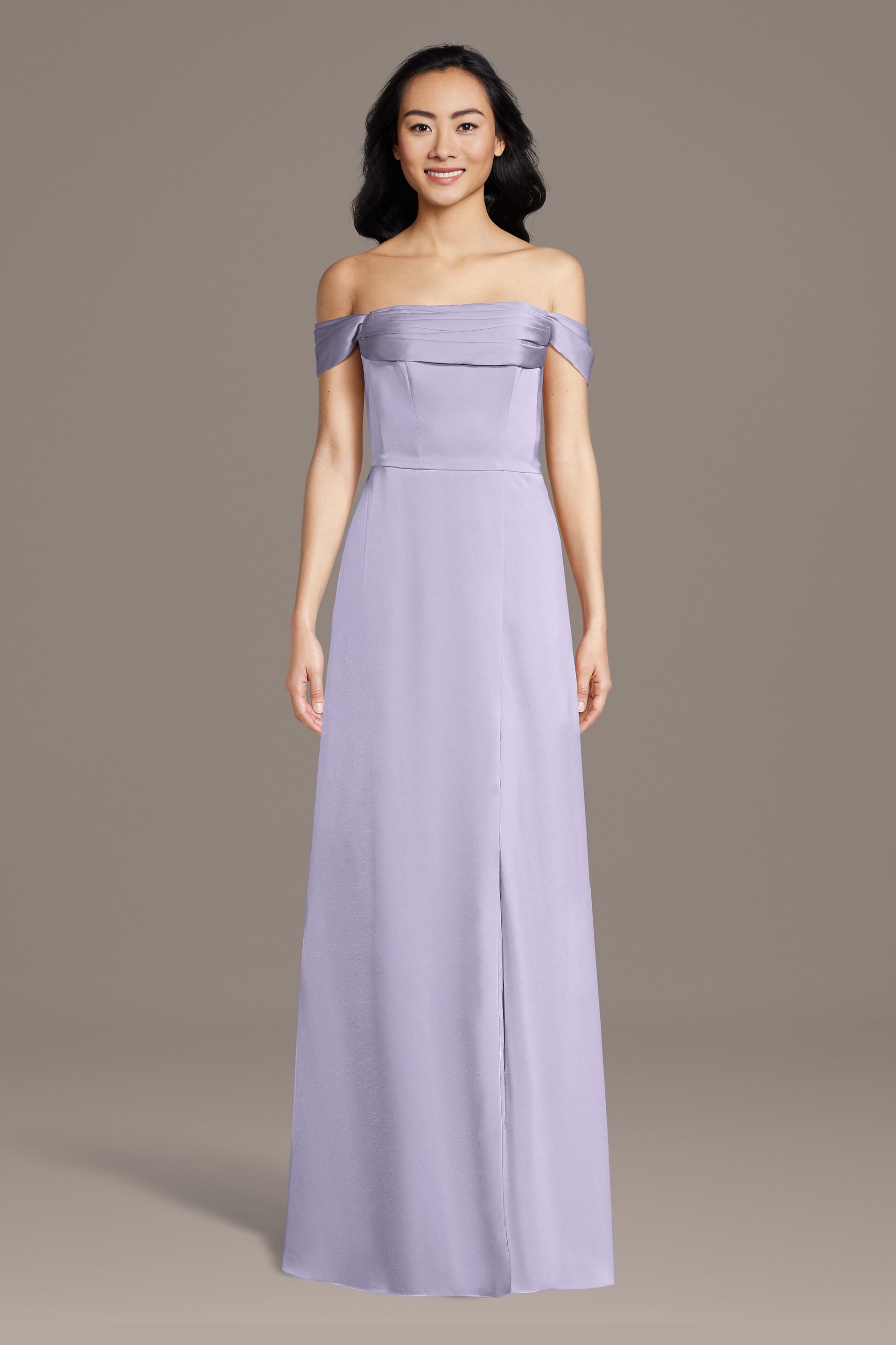 Celebrate DB Studio Matte Satin Off-The-Shoulder Cowl Neck Sheath Dress in Iris Size: Medium David's Bridal