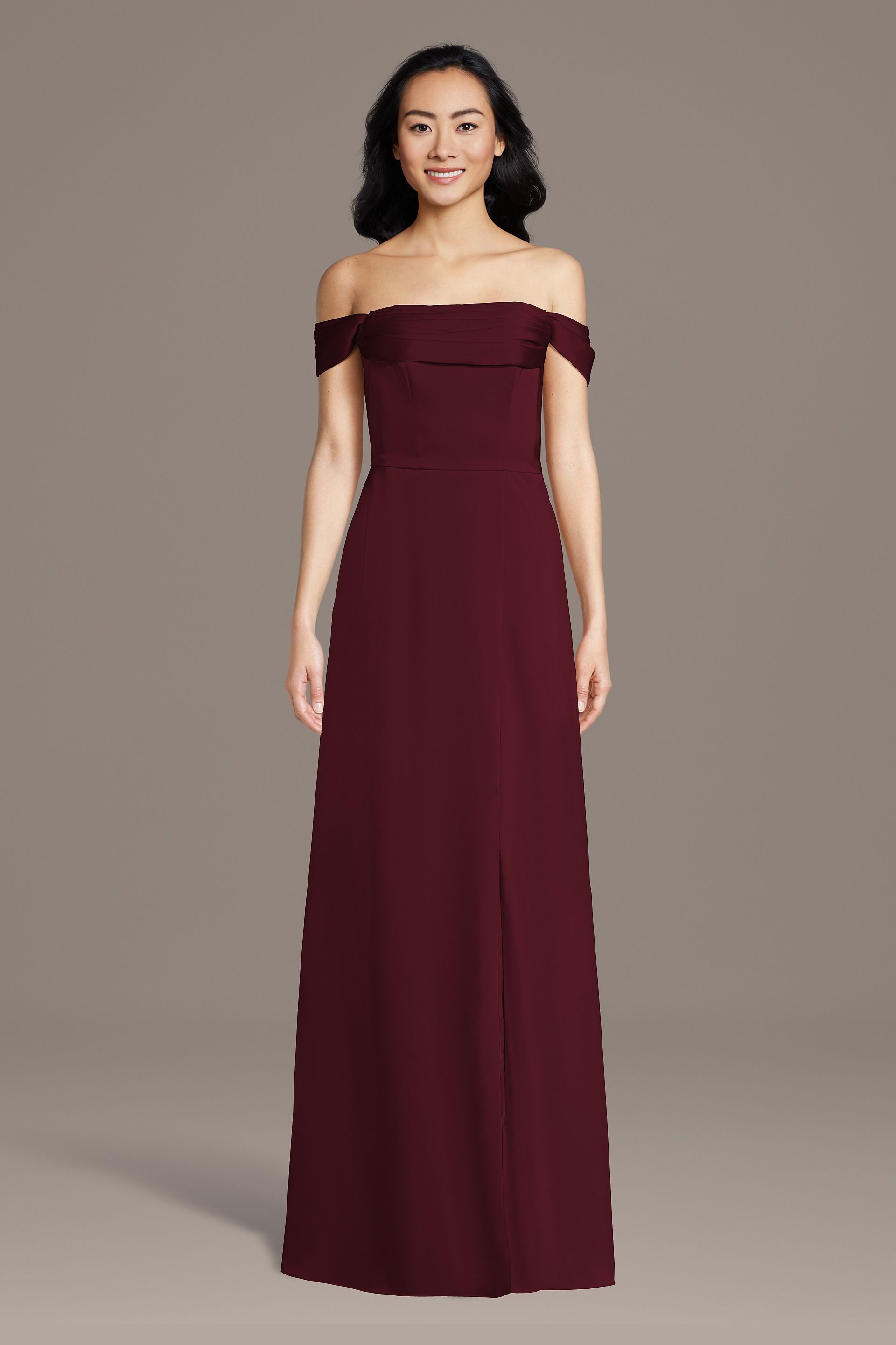 Celebrate DB Studio Matte Satin Off-The-Shoulder Cowl Neck Sheath Dress in Wine Size: 1X David's Bridal