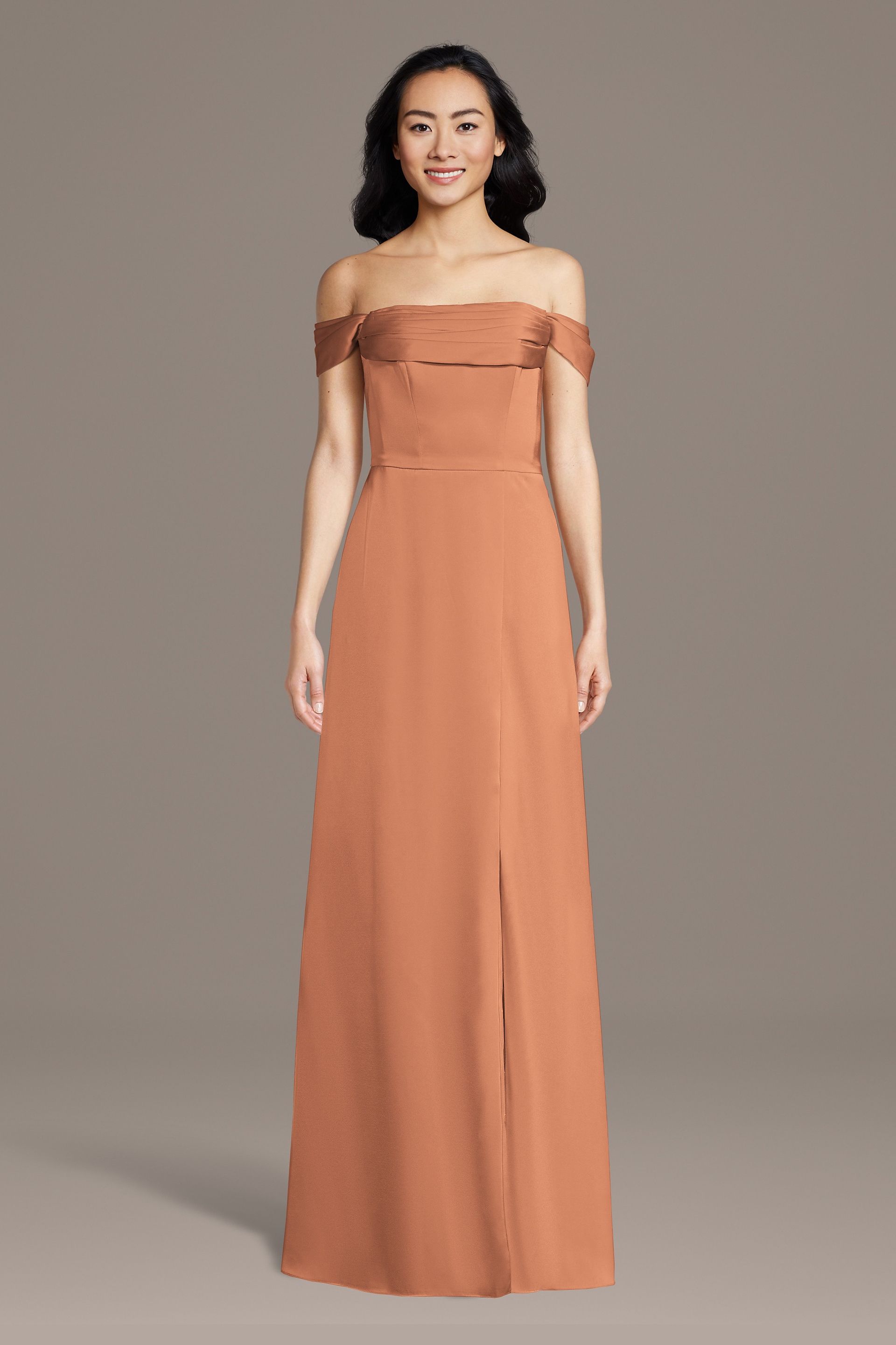 Celebrate DB Studio Matte Satin Off-The-Shoulder Cowl Neck Sheath Dress in Terracotta Size: 4X David's Bridal