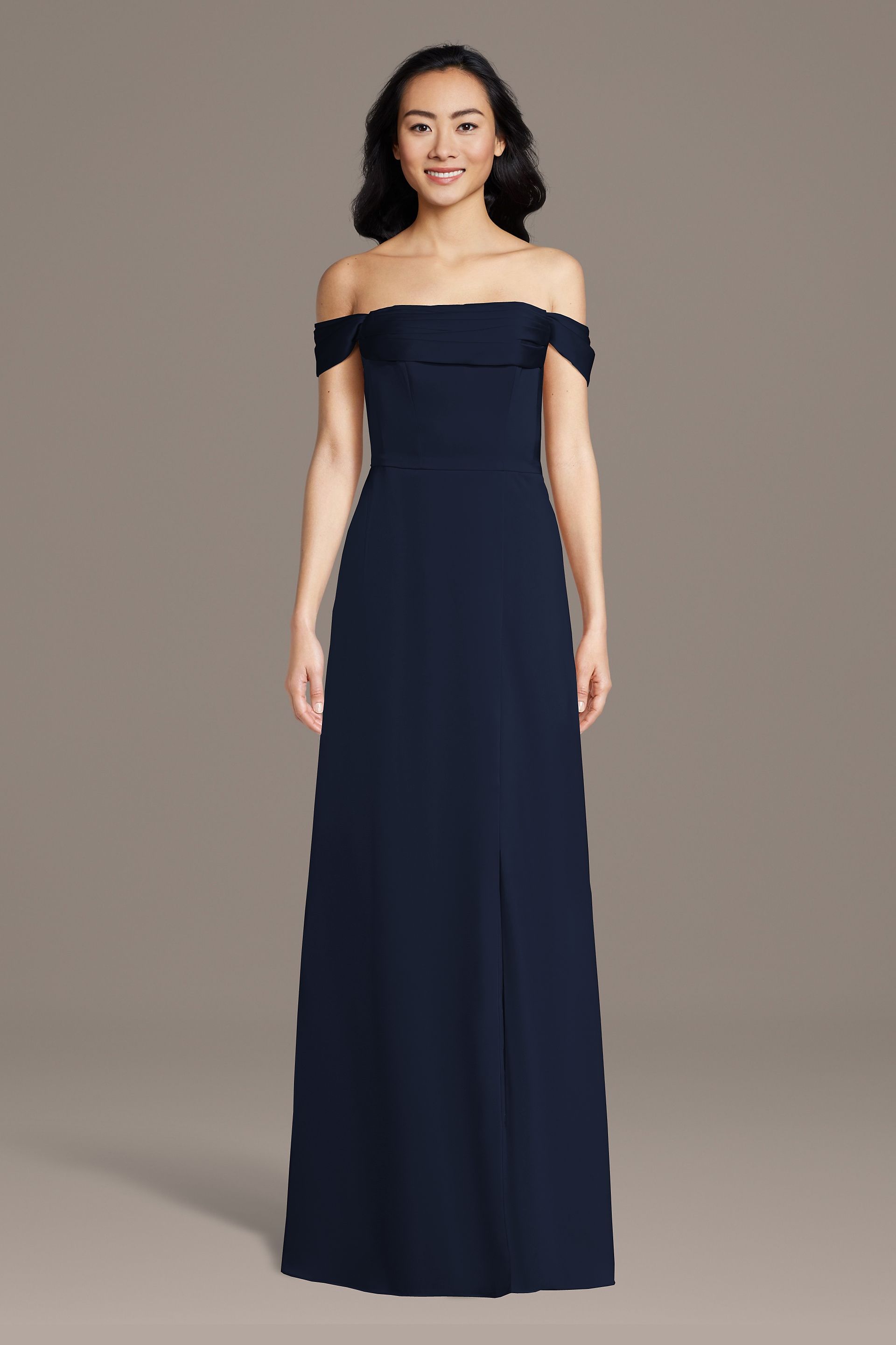 Celebrate DB Studio Matte Satin Off-The-Shoulder Cowl Neck Sheath Dress in Marine Size: Medium David's Bridal