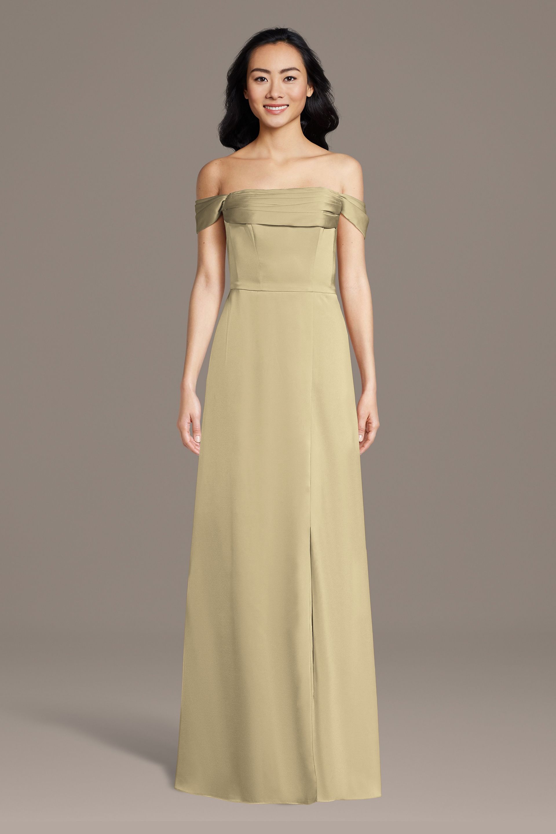 Celebrate DB Studio Matte Satin Off-The-Shoulder Cowl Neck Sheath Dress in Champagne Size: 2X David's Bridal