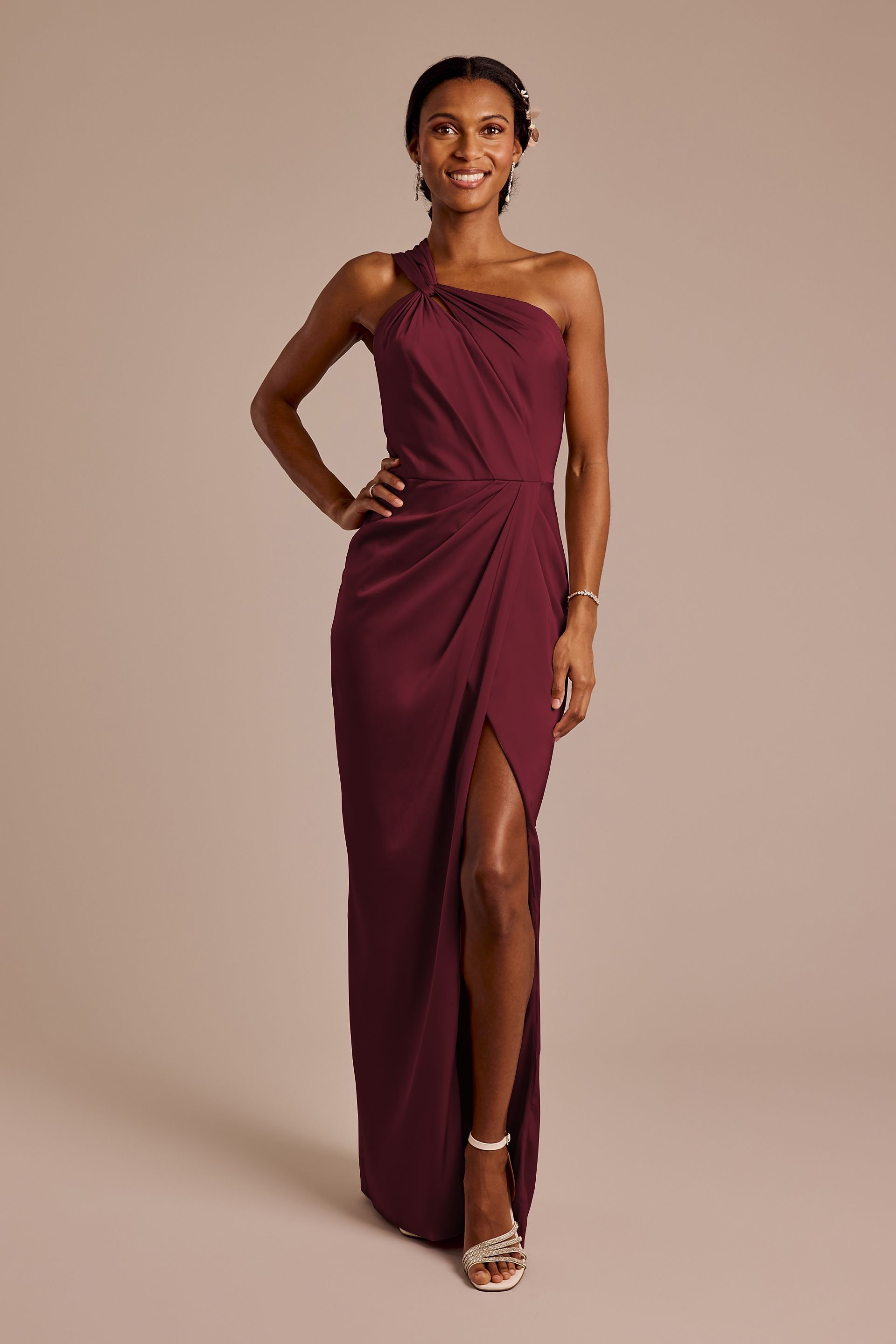 Matte Satin Knotted One-Shoulder Sheath Dress | David's Bridal