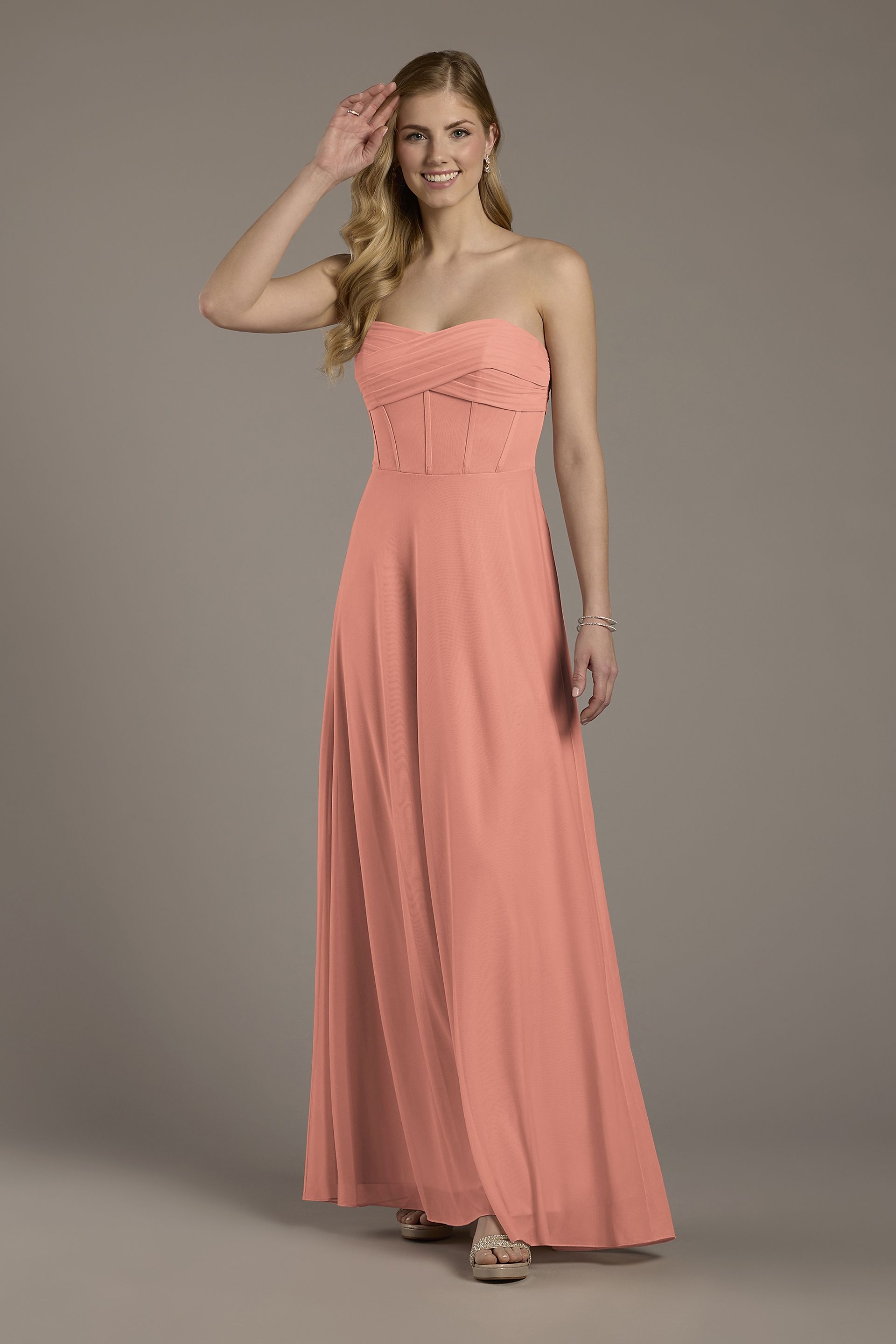 Celebrate DB Studio Mesh Twist Bodice Corset A-Line Dress in Desert Coral Size: 12 David's Bridal