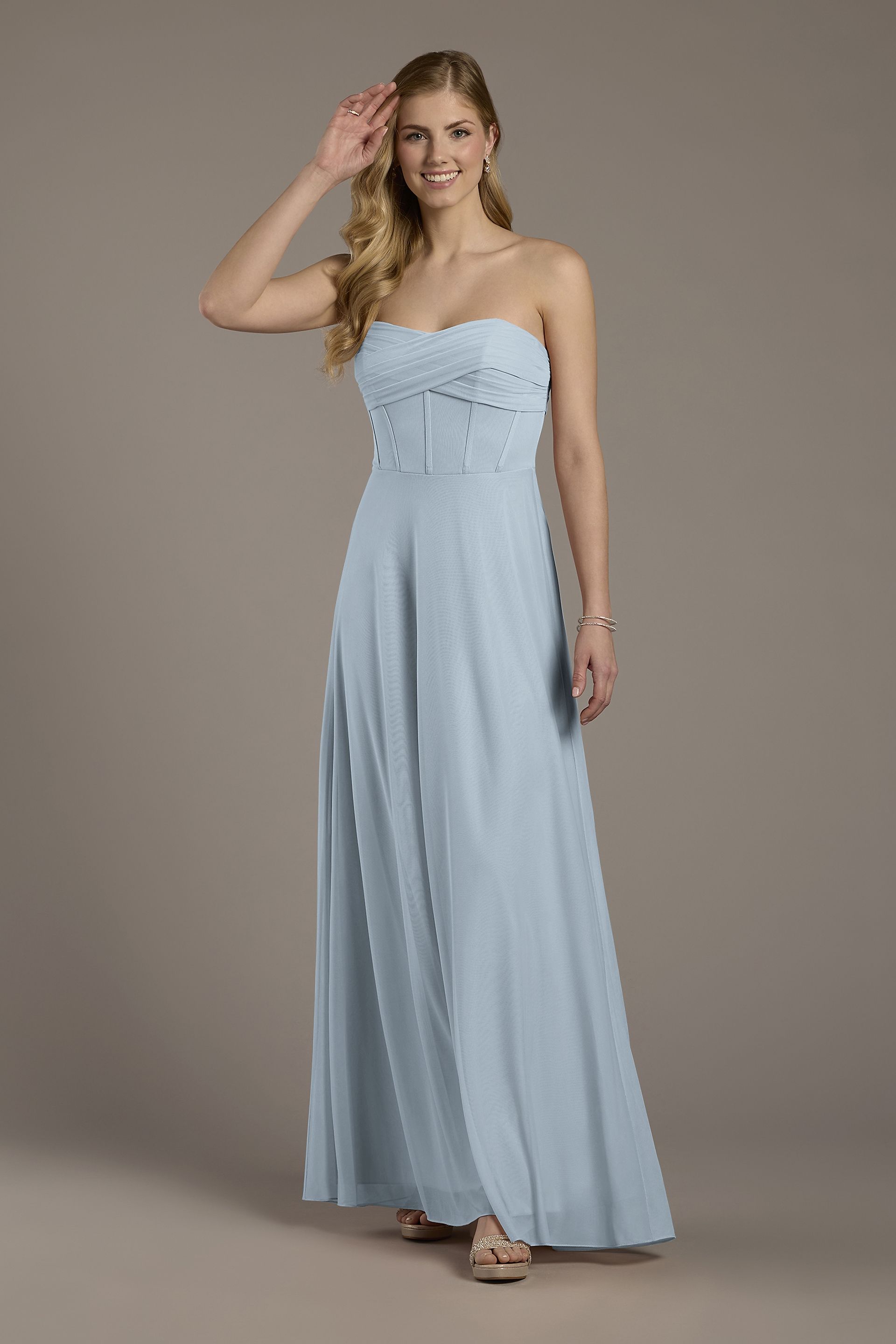 Celebrate DB Studio Mesh Twist Bodice Corset A-Line Dress in Dusty Blue Size: 22 David's Bridal