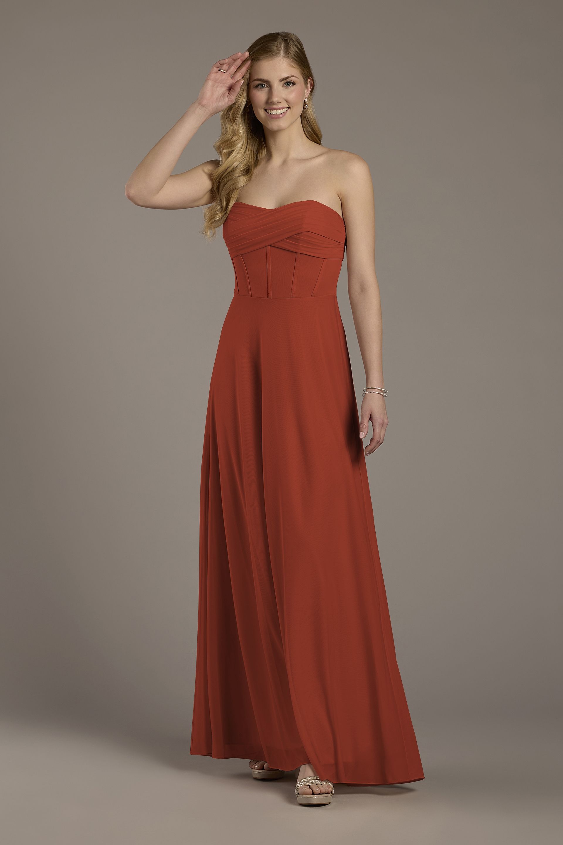 Celebrate DB Studio Mesh Twist Bodice Corset A-Line Dress in Cinnamon Size: 6 David's Bridal