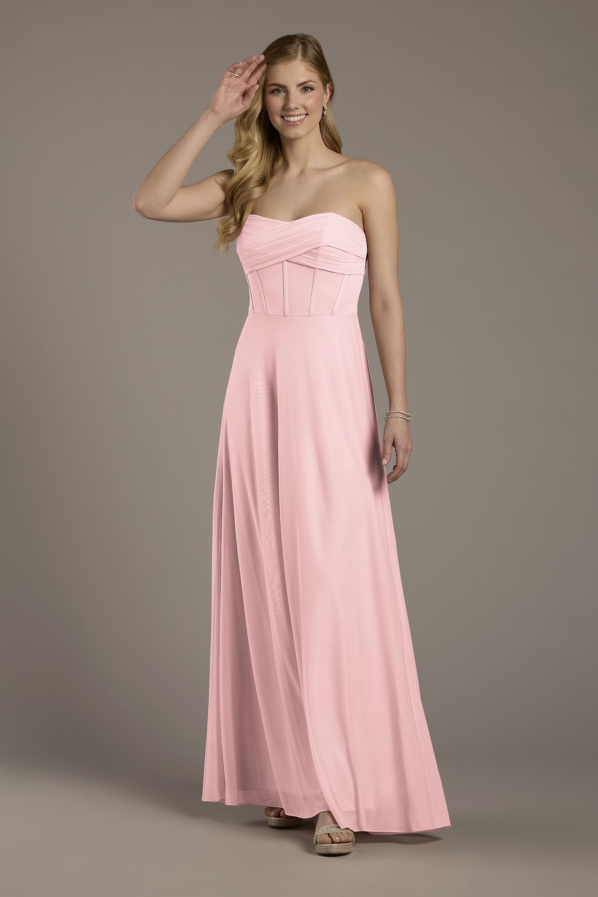 Celebrate DB Studio Mesh Twist Bodice Corset A-Line Dress in Pastel Pink Size: 18 David's Bridal