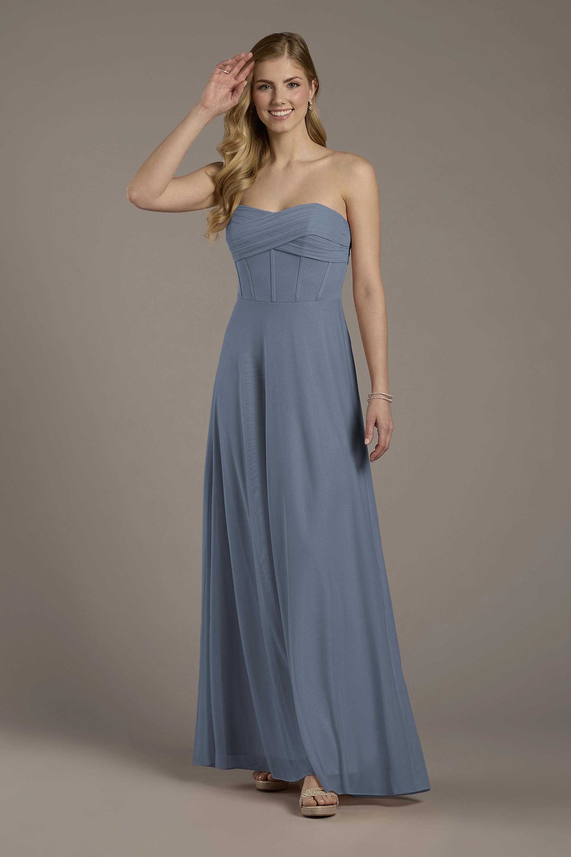 Celebrate DB Studio Mesh Twist Bodice Corset A-Line Dress in Steel Blue Size: 16 David's Bridal
