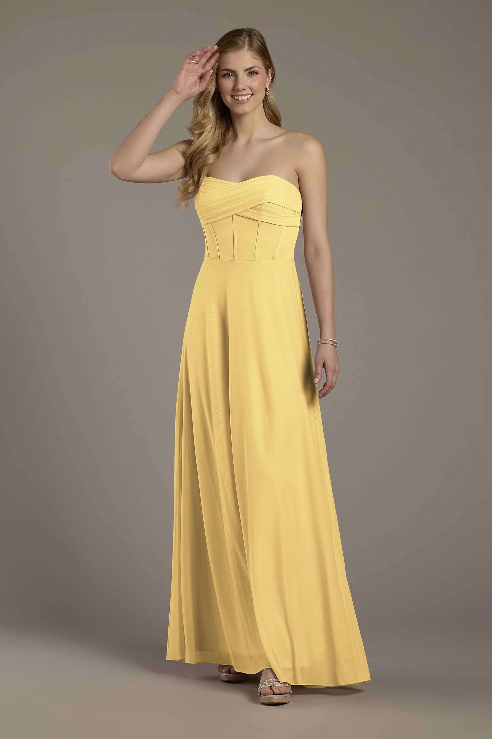Celebrate DB Studio Mesh Twist Bodice Corset A-Line Dress in Pale Yellow Size: 4 David's Bridal