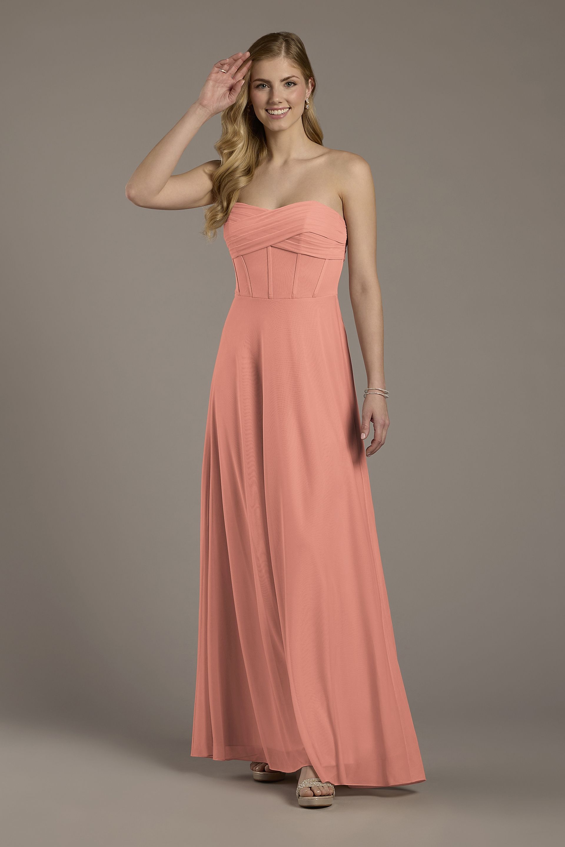 Celebrate DB Studio Mesh Twist Bodice Corset A-Line Dress in Desert Coral Size: 6 David's Bridal