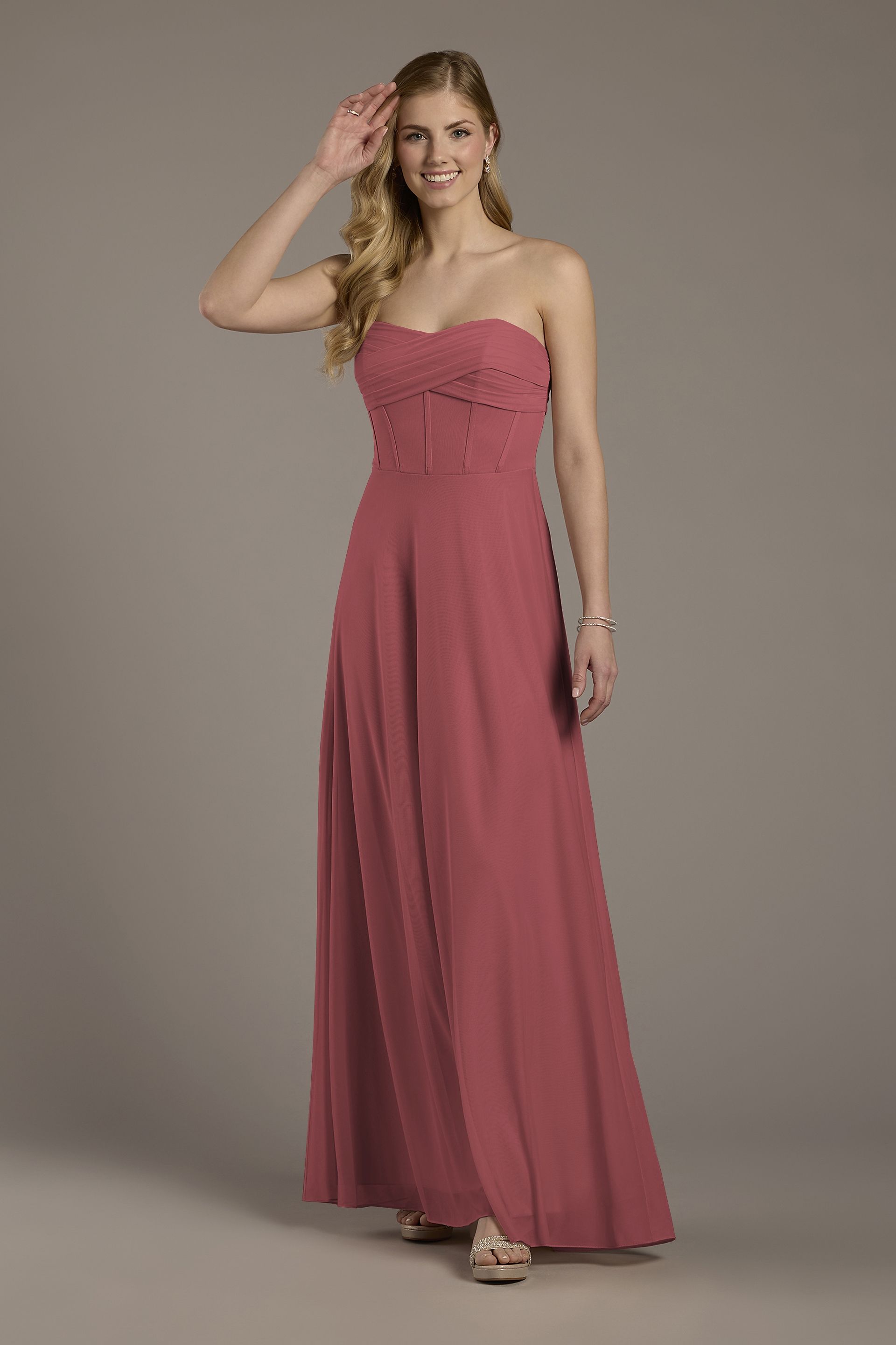Celebrate DB Studio Mesh Twist Bodice Corset A-Line Dress in Chianti Size: 6 David's Bridal