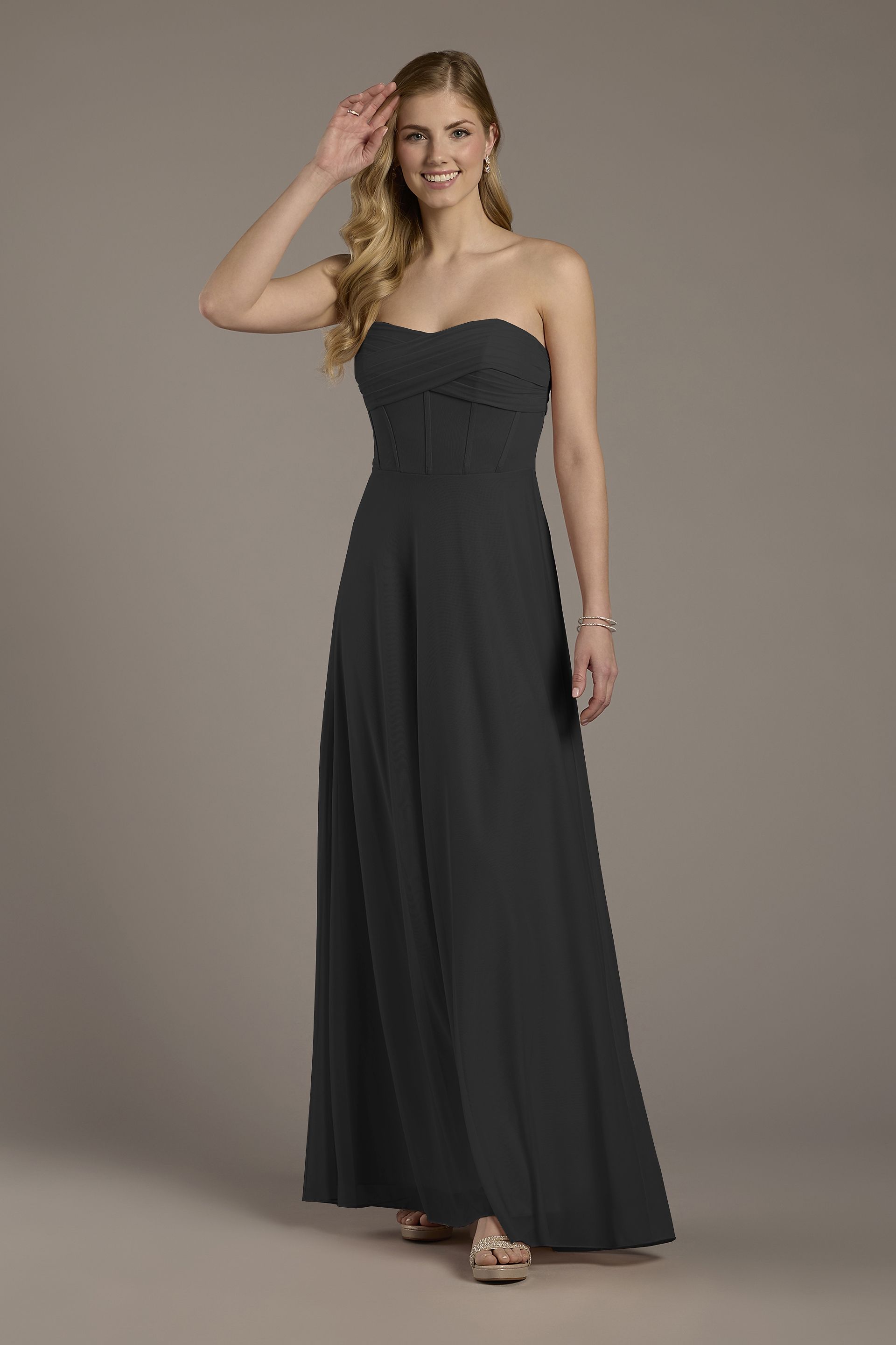 Celebrate DB Studio Mesh Twist Bodice Corset A-Line Dress in Black Size: 28 David's Bridal