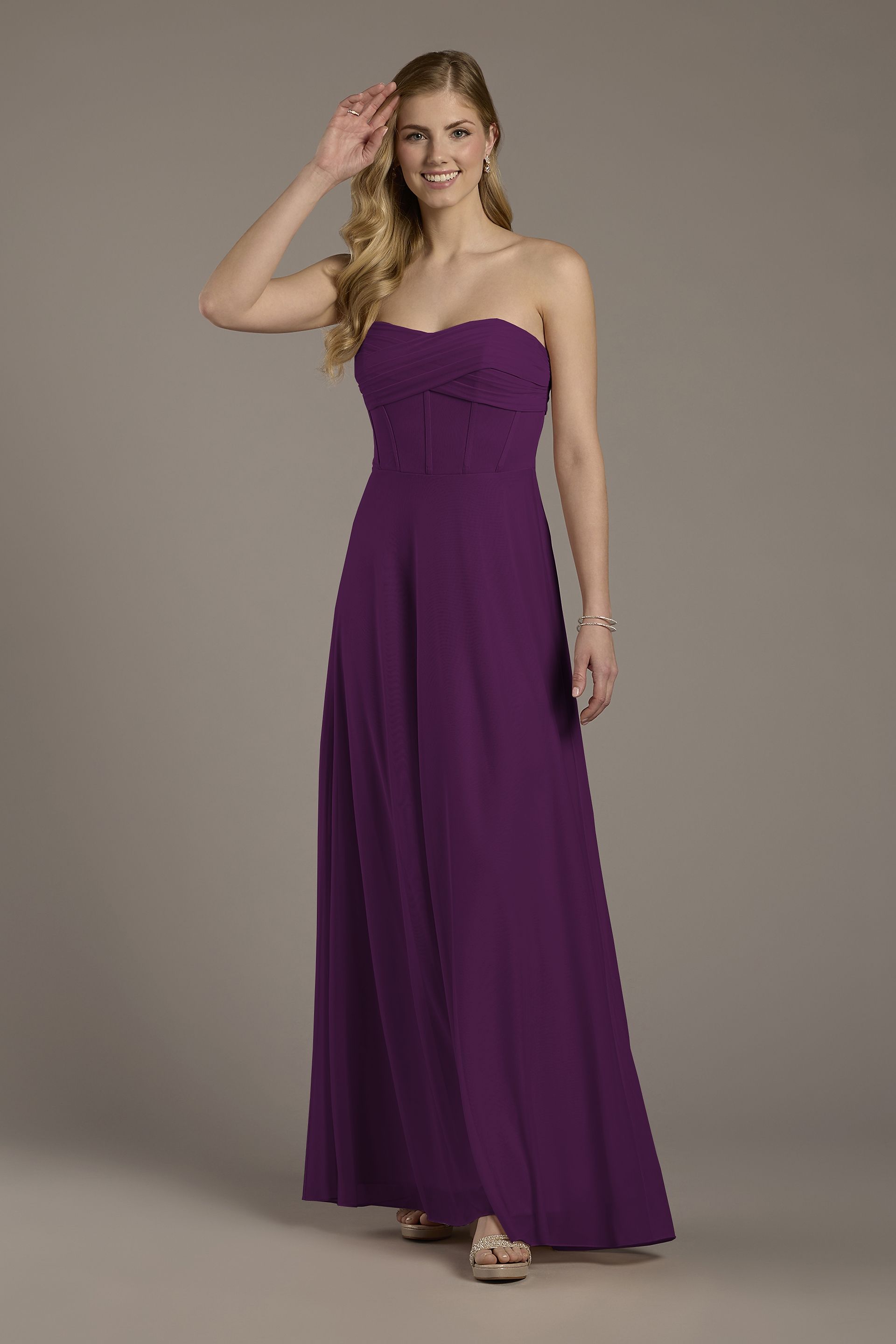 Celebrate DB Studio Mesh Twist Bodice Corset A-Line Dress in Plum Size: 8 David's Bridal