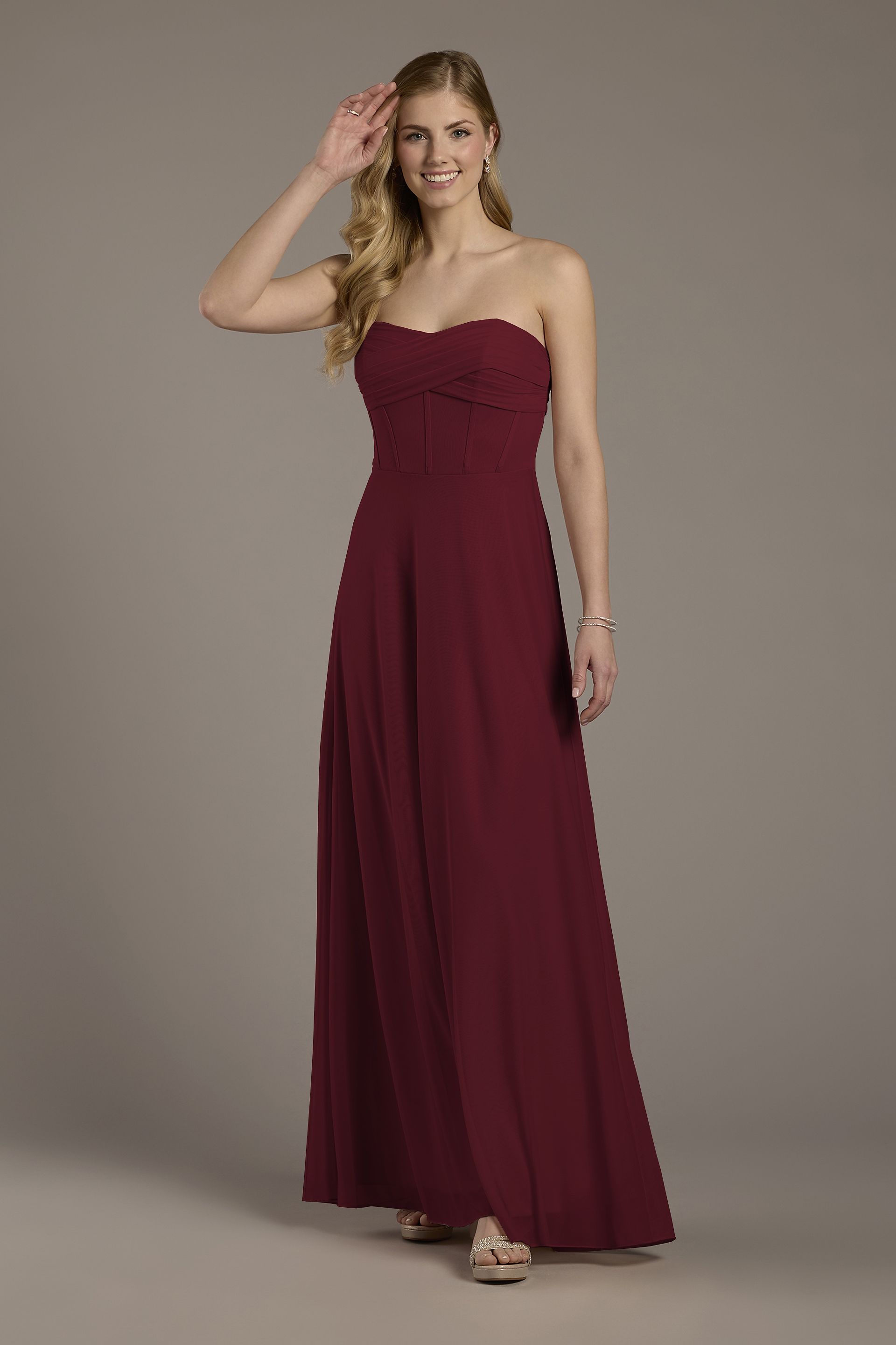 Celebrate DB Studio Mesh Twist Bodice Corset A-Line Dress in Wine Size: 28 David's Bridal