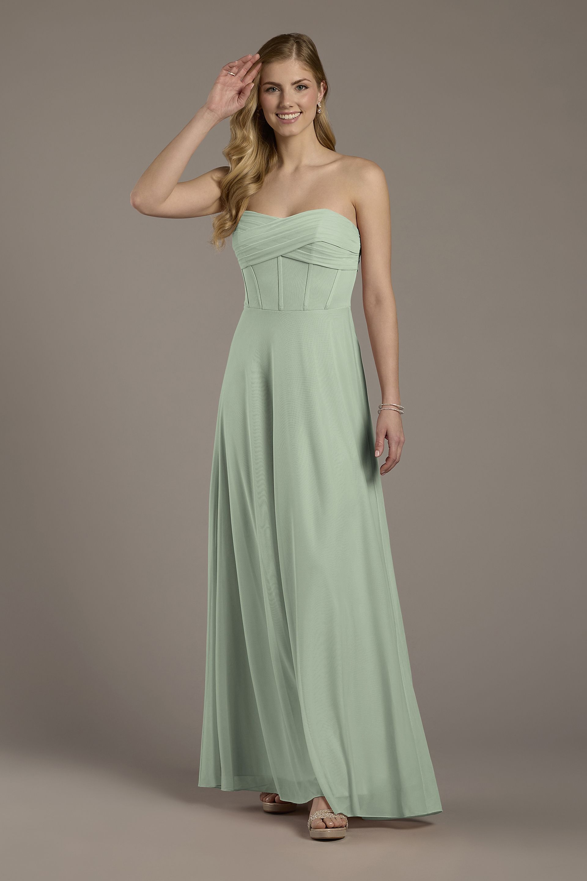 Celebrate DB Studio Mesh Twist Bodice Corset A-Line Dress in Dusty Sage Size: 10 David's Bridal