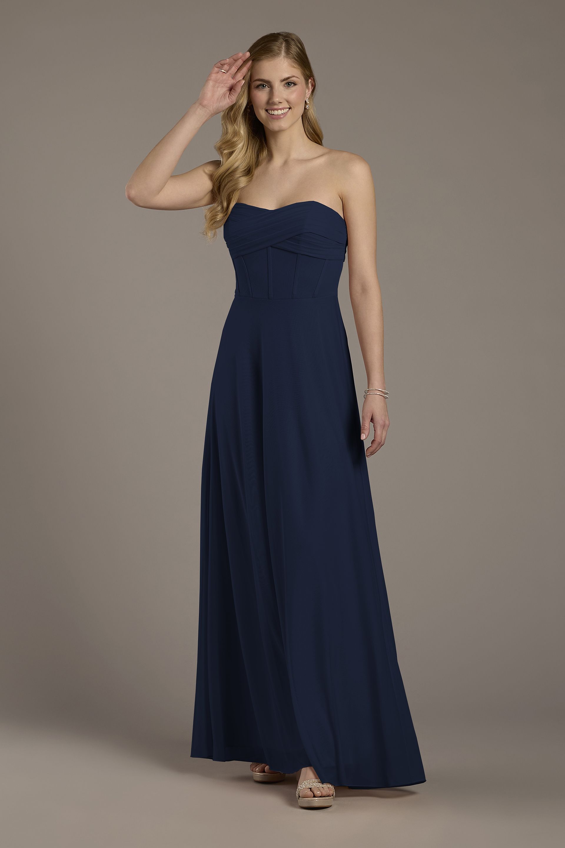 Celebrate DB Studio Mesh Twist Bodice Corset A-Line Dress in Marine Size: 10 David's Bridal