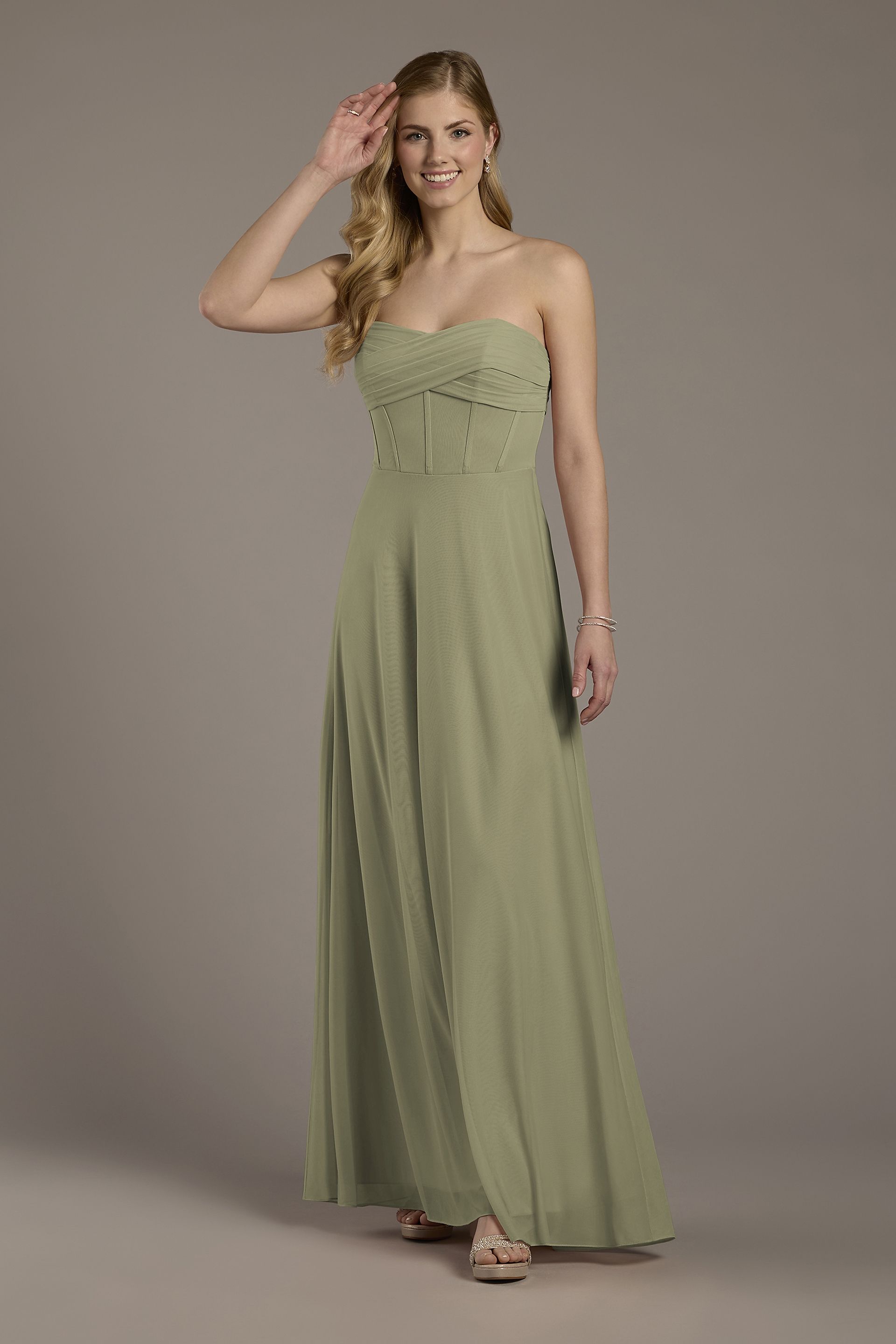 Celebrate DB Studio Mesh Twist Bodice Corset A-Line Dress in Eucalyptus Size: 14 David's Bridal