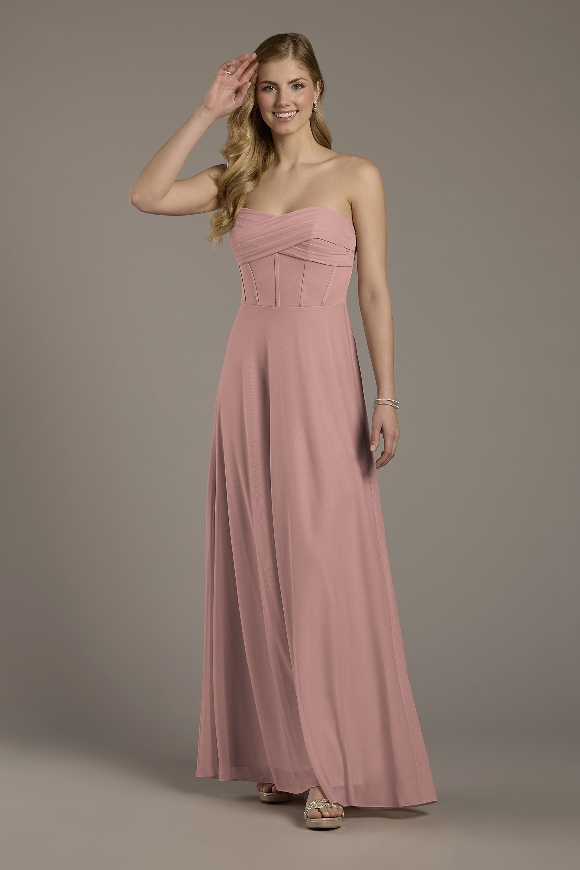 Celebrate DB Studio Mesh Twist Bodice Corset A-Line Dress in Quartz Size: 12 David's Bridal