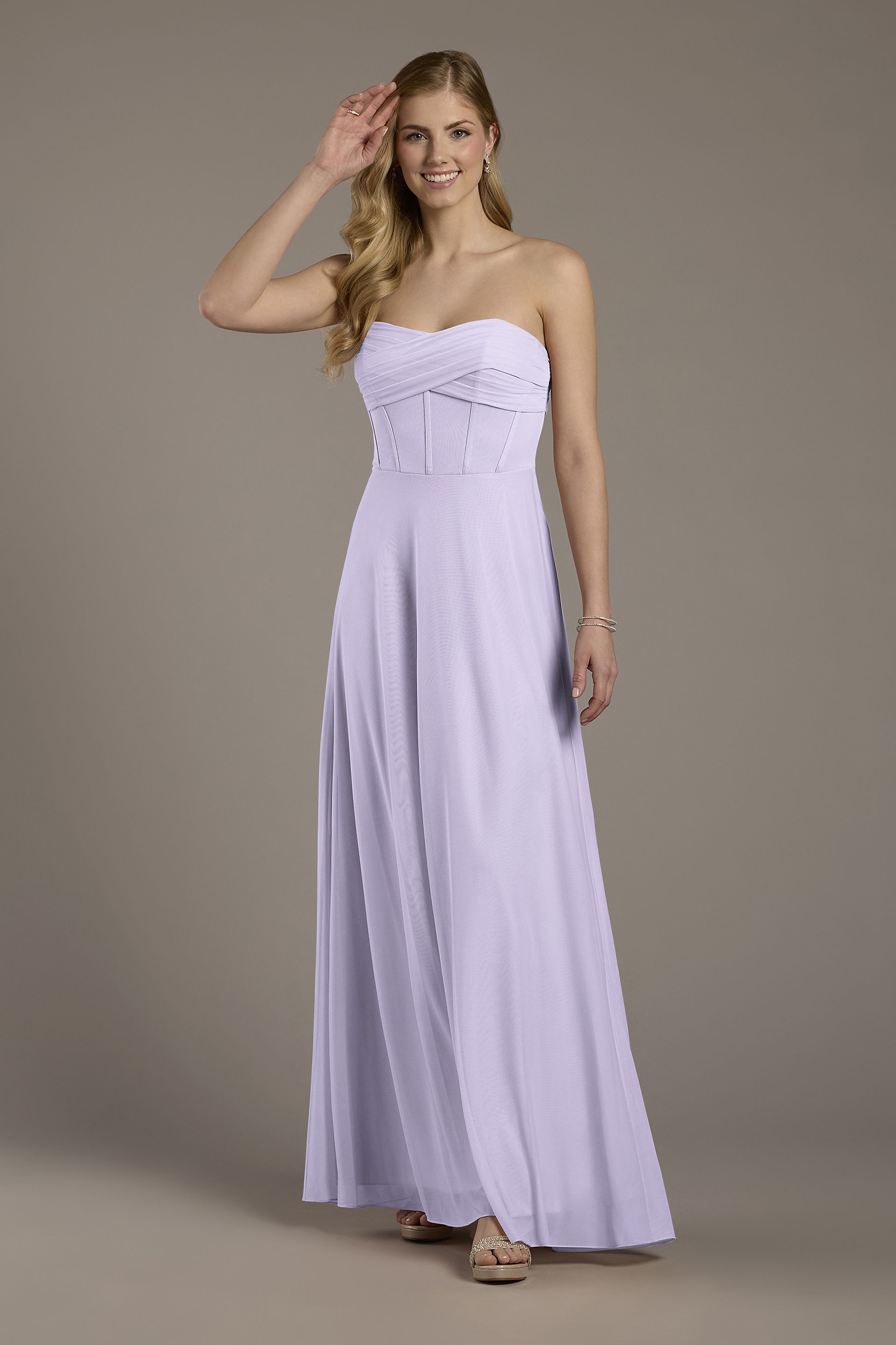 Celebrate DB Studio Mesh Twist Bodice Corset A-Line Dress in Iris Size: 12 David's Bridal